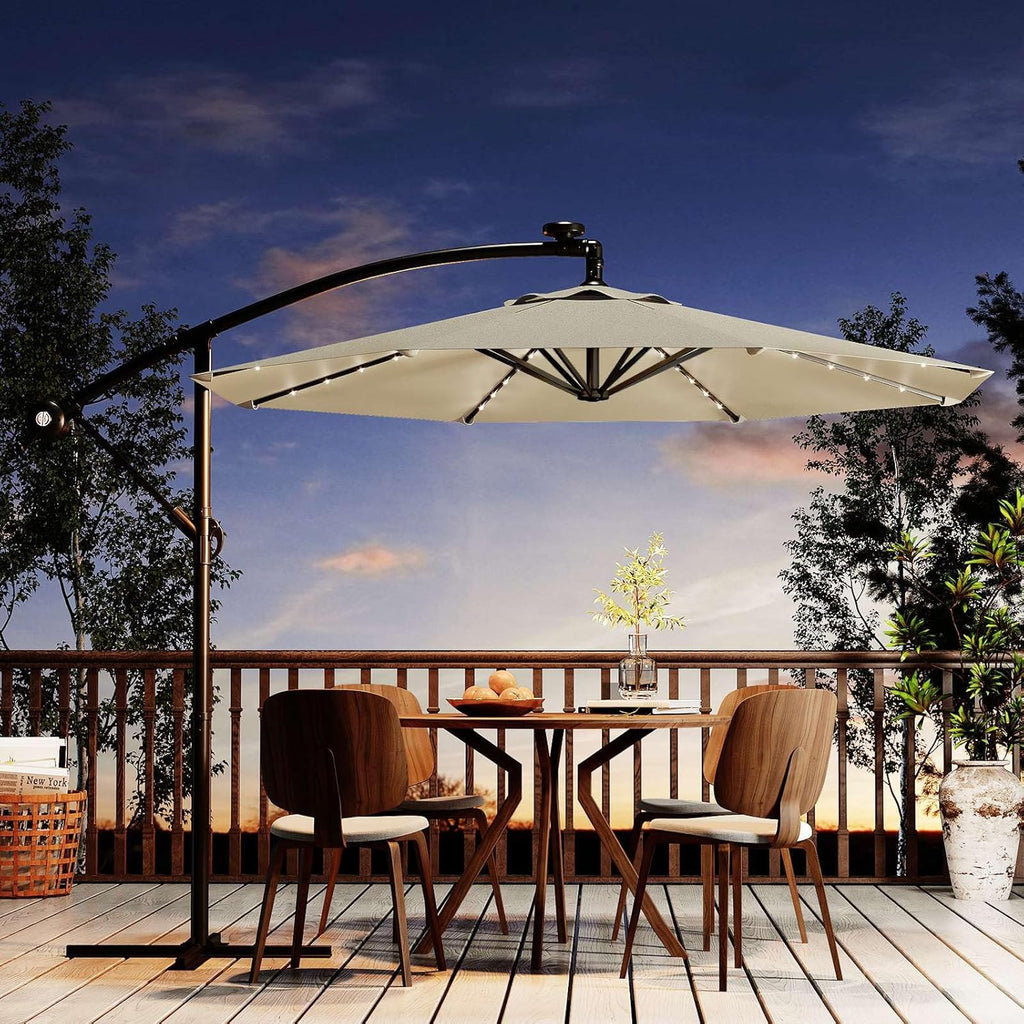 Garvee 10' Solar Lights Offset Patio Umbrella, Cantilever Umbrella with Easy Lift & Tilt Adjustment, 8 Ribs Sun Umbrella UV Protection, Beige