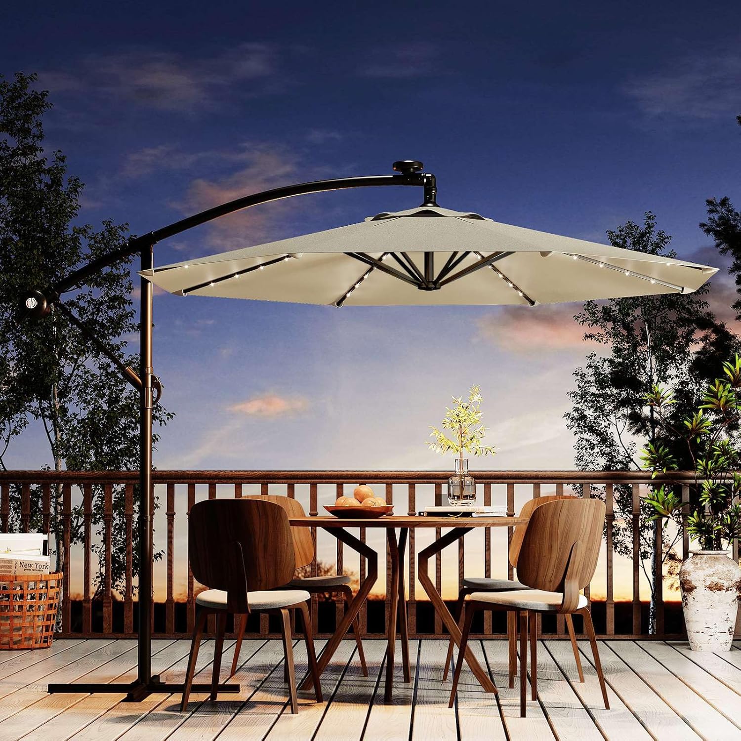 Garvee 10' Solar Lights Offset Patio Umbrella, Cantilever Umbrella with Easy Lift & Tilt Adjustment, 8 Ribs Sun Umbrella UV Protection, Beige