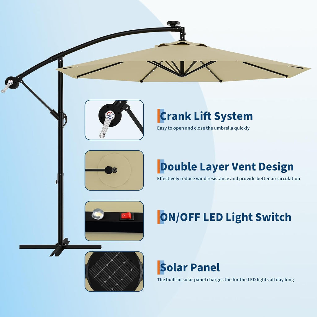 Garvee 10' Solar Lights Offset Patio Umbrella, Cantilever Umbrella with Easy Lift & Tilt Adjustment, 8 Ribs Sun Umbrella UV Protection, Beige