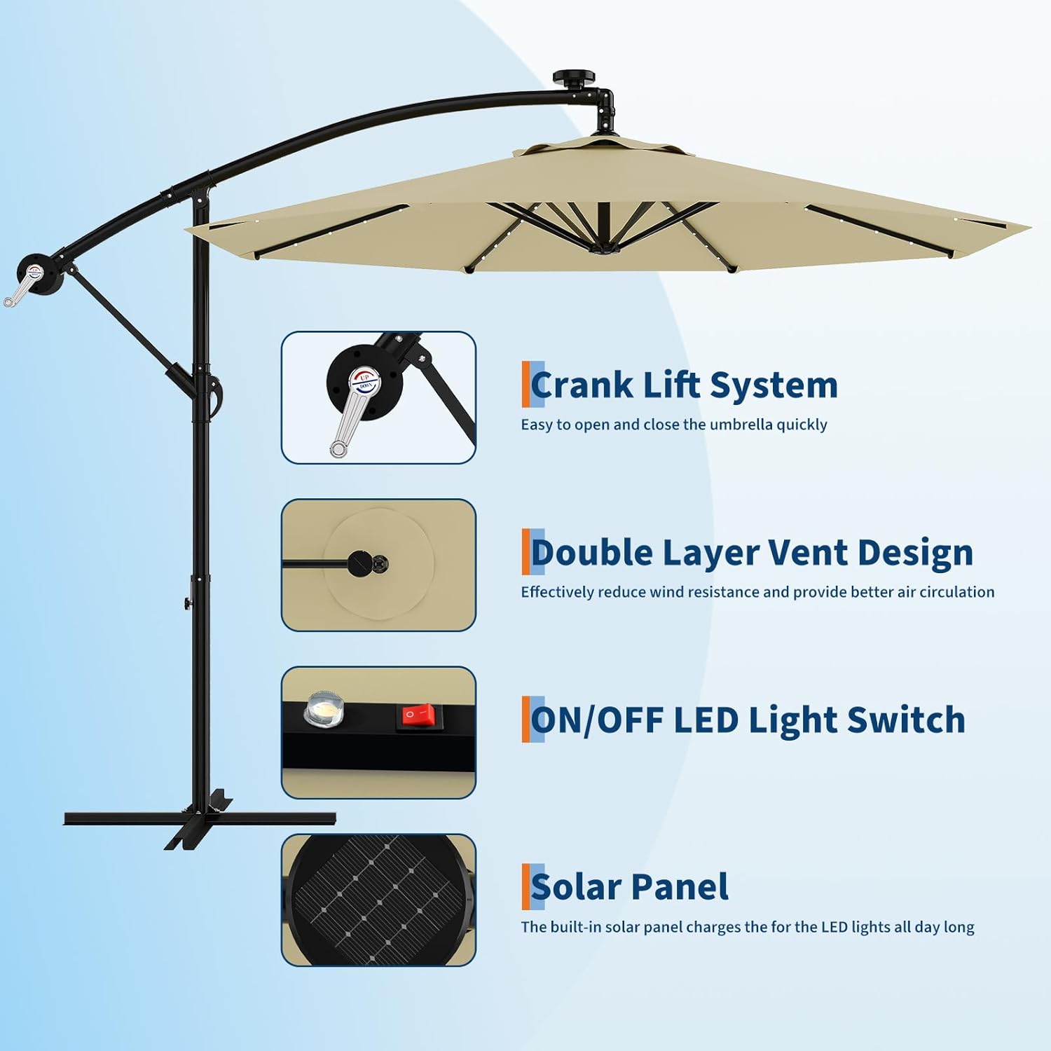 Garvee 10' Solar Lights Offset Patio Umbrella, Cantilever Umbrella with Easy Lift & Tilt Adjustment, 8 Ribs Sun Umbrella UV Protection, Beige