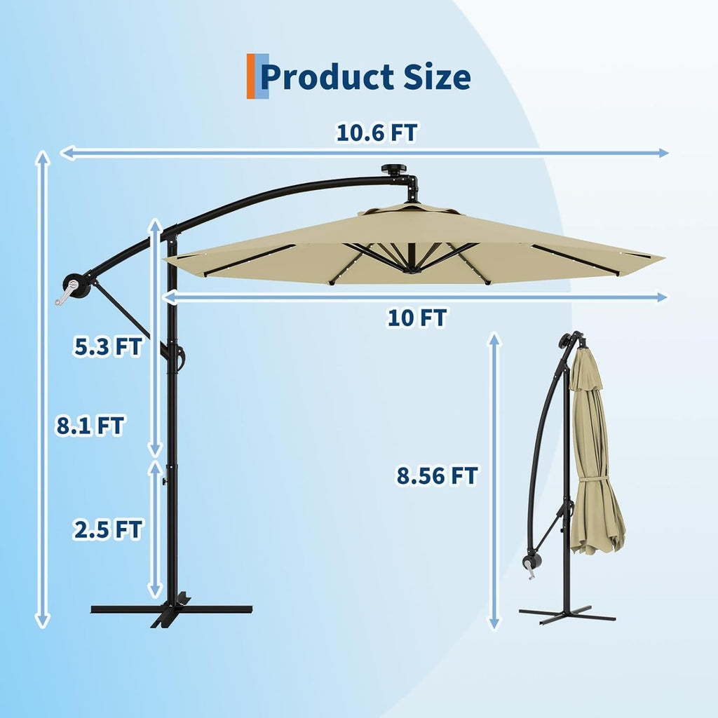Garvee 10' Solar Lights Offset Patio Umbrella, Cantilever Umbrella with Easy Lift & Tilt Adjustment, 8 Ribs Sun Umbrella UV Protection, Beige