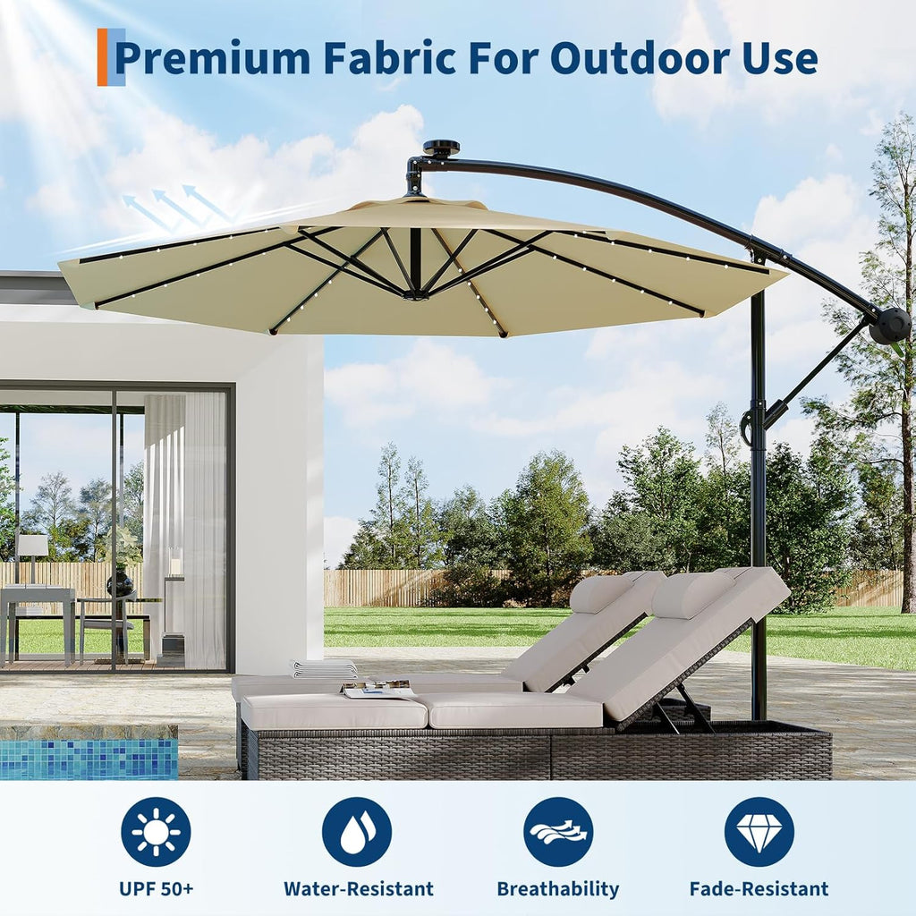 Garvee 10' Solar Lights Offset Patio Umbrella, Cantilever Umbrella with Easy Lift & Tilt Adjustment, 8 Ribs Sun Umbrella UV Protection, Beige