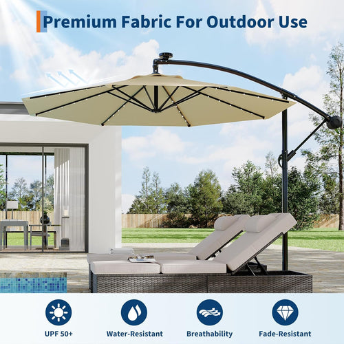 Garvee 10' Solar Lights Offset Patio Umbrella, Cantilever Umbrella with Easy Lift & Tilt Adjustment, 8 Ribs Sun Umbrella UV Protection, Beige