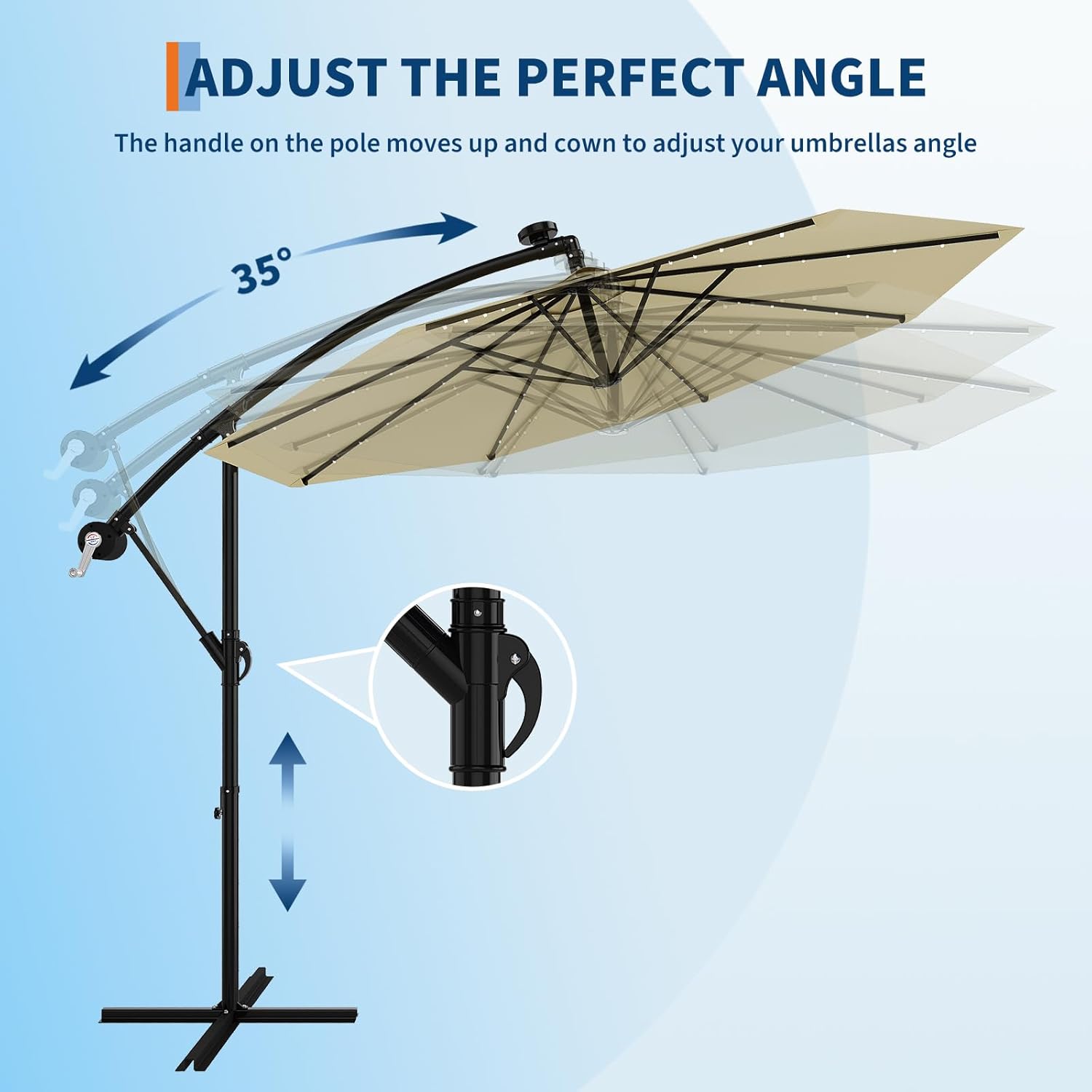 Garvee 10' Solar Lights Offset Patio Umbrella, Cantilever Umbrella with Easy Lift & Tilt Adjustment, 8 Ribs Sun Umbrella UV Protection, Beige