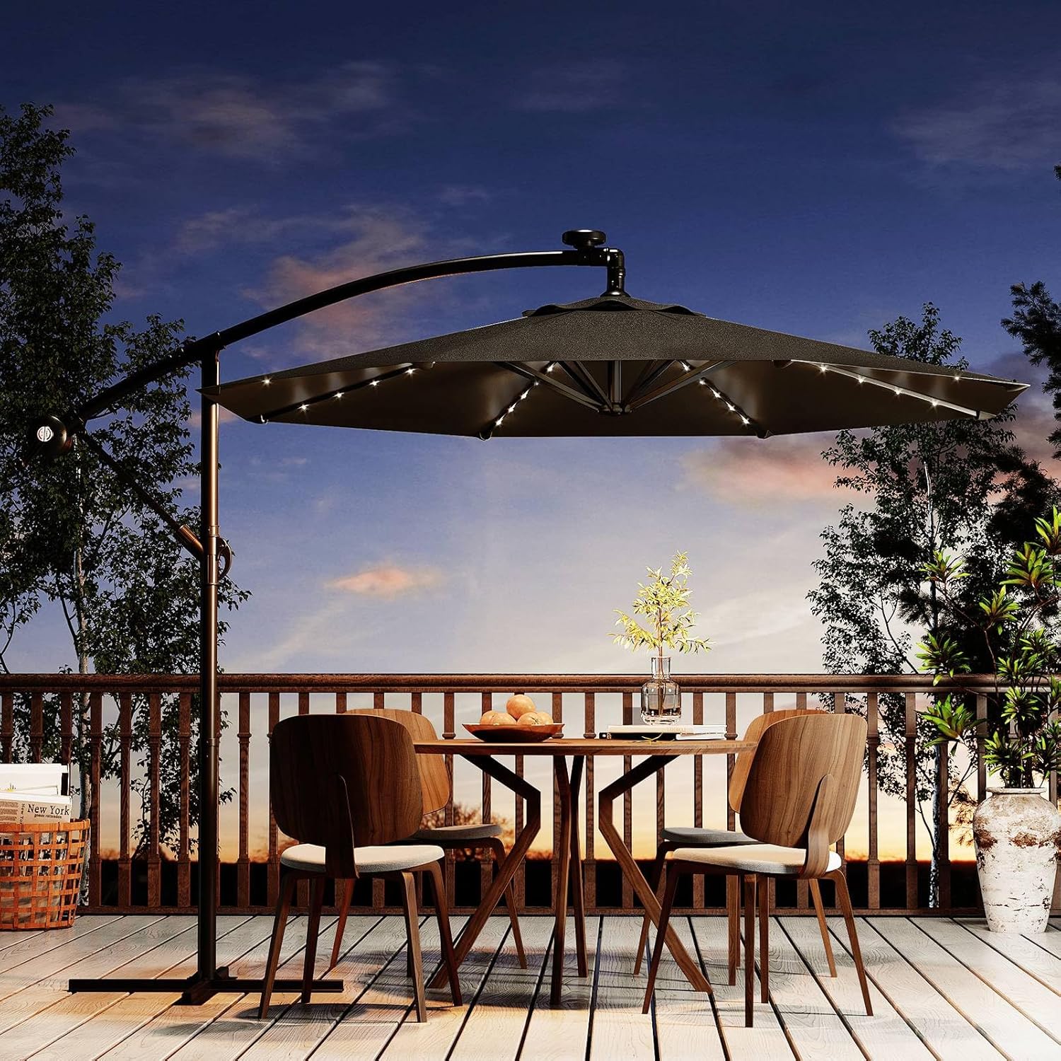 Garvee 10' Solar Lights Offset Patio Umbrella, Cantilever Umbrella with Easy Lift & Tilt Adjustment, 8 Ribs Sun Umbrella UV Protection, Grey