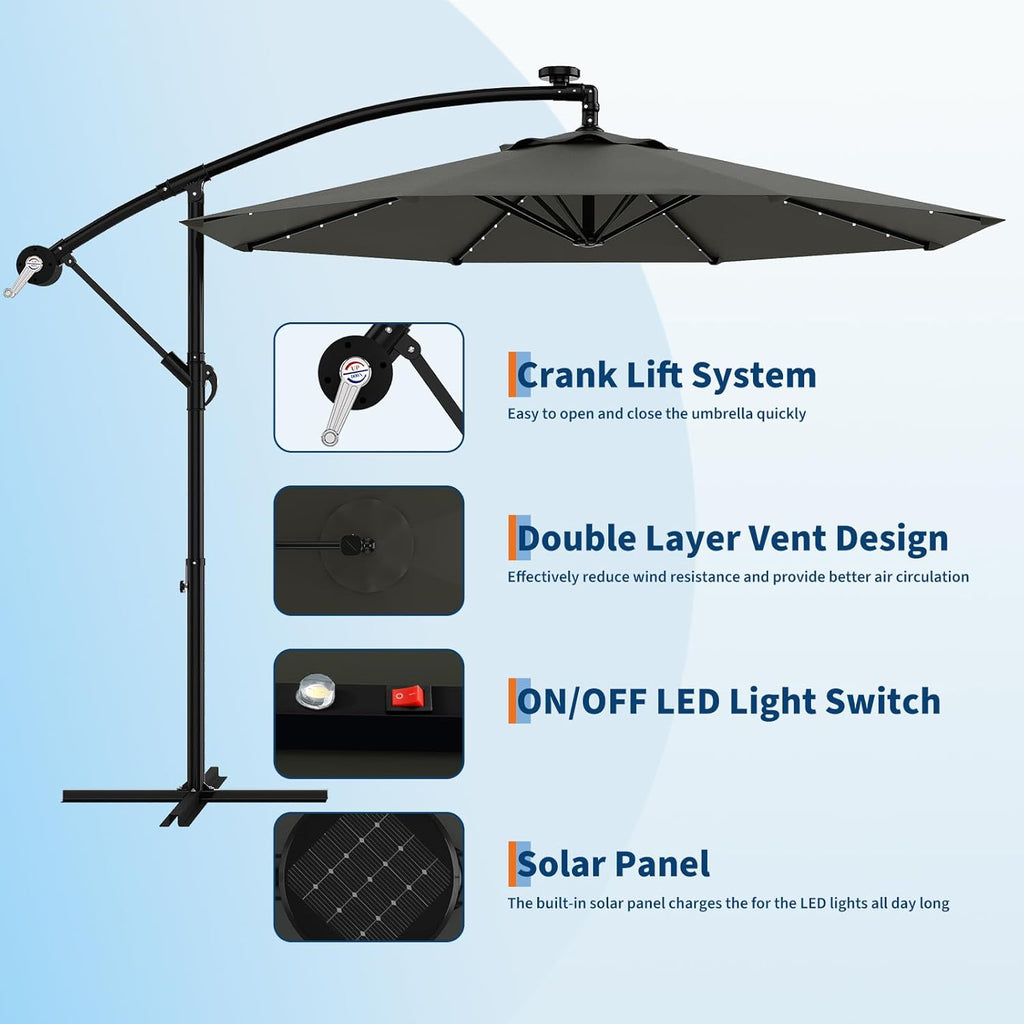 Garvee 10' Solar Lights Offset Patio Umbrella, Cantilever Umbrella with Easy Lift & Tilt Adjustment, 8 Ribs Sun Umbrella UV Protection, Grey