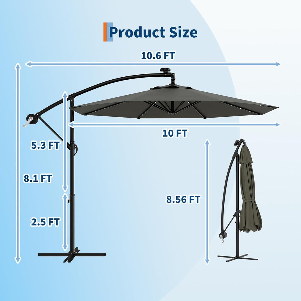 Garvee 10' Solar Lights Offset Patio Umbrella, Cantilever Umbrella with Easy Lift & Tilt Adjustment, 8 Ribs Sun Umbrella UV Protection, Grey
