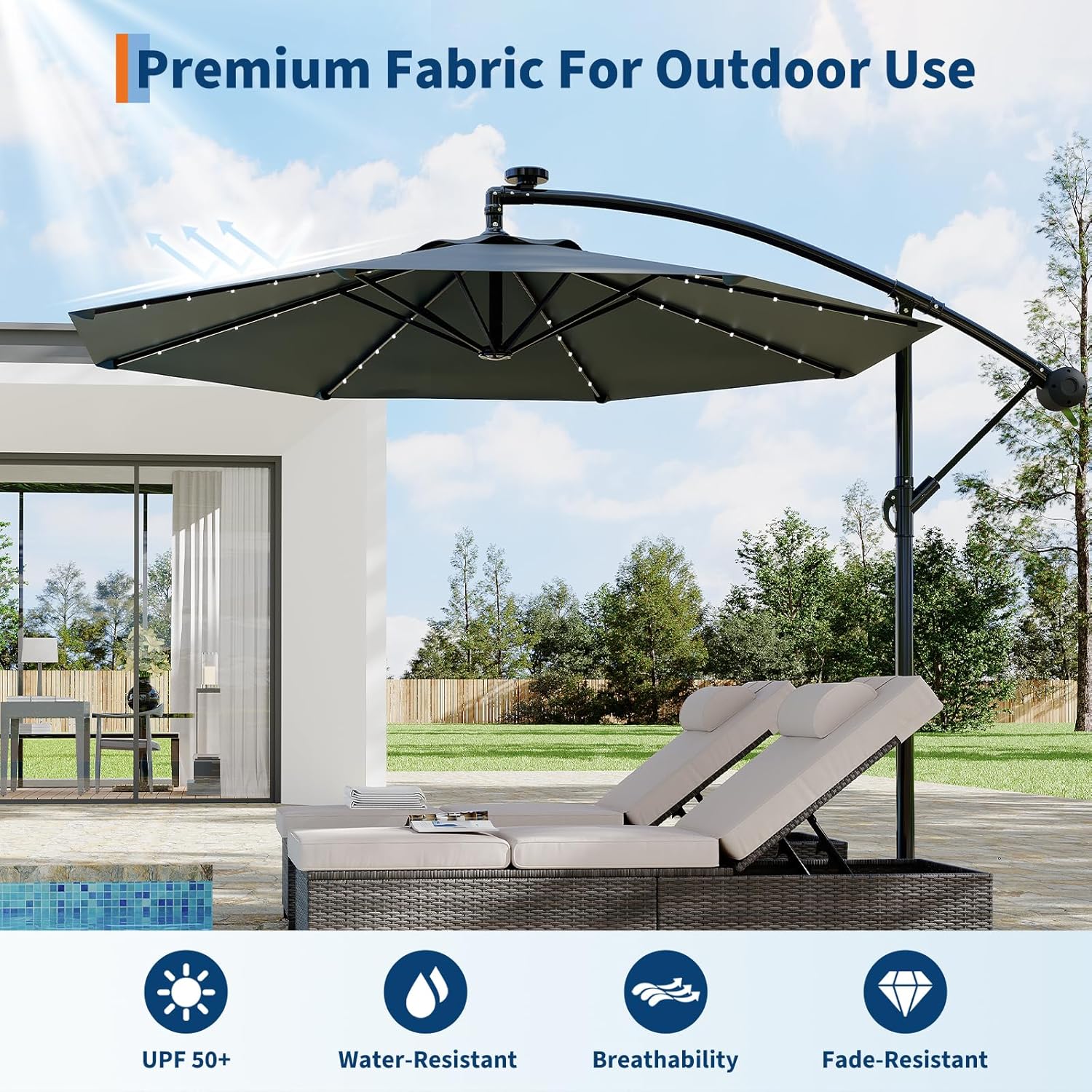 Garvee 10' Solar Lights Offset Patio Umbrella, Cantilever Umbrella with Easy Lift & Tilt Adjustment, 8 Ribs Sun Umbrella UV Protection, Grey