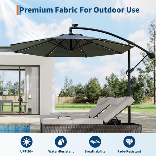 Garvee 10' Solar Lights Offset Patio Umbrella, Cantilever Umbrella with Easy Lift & Tilt Adjustment, 8 Ribs Sun Umbrella UV Protection, Grey