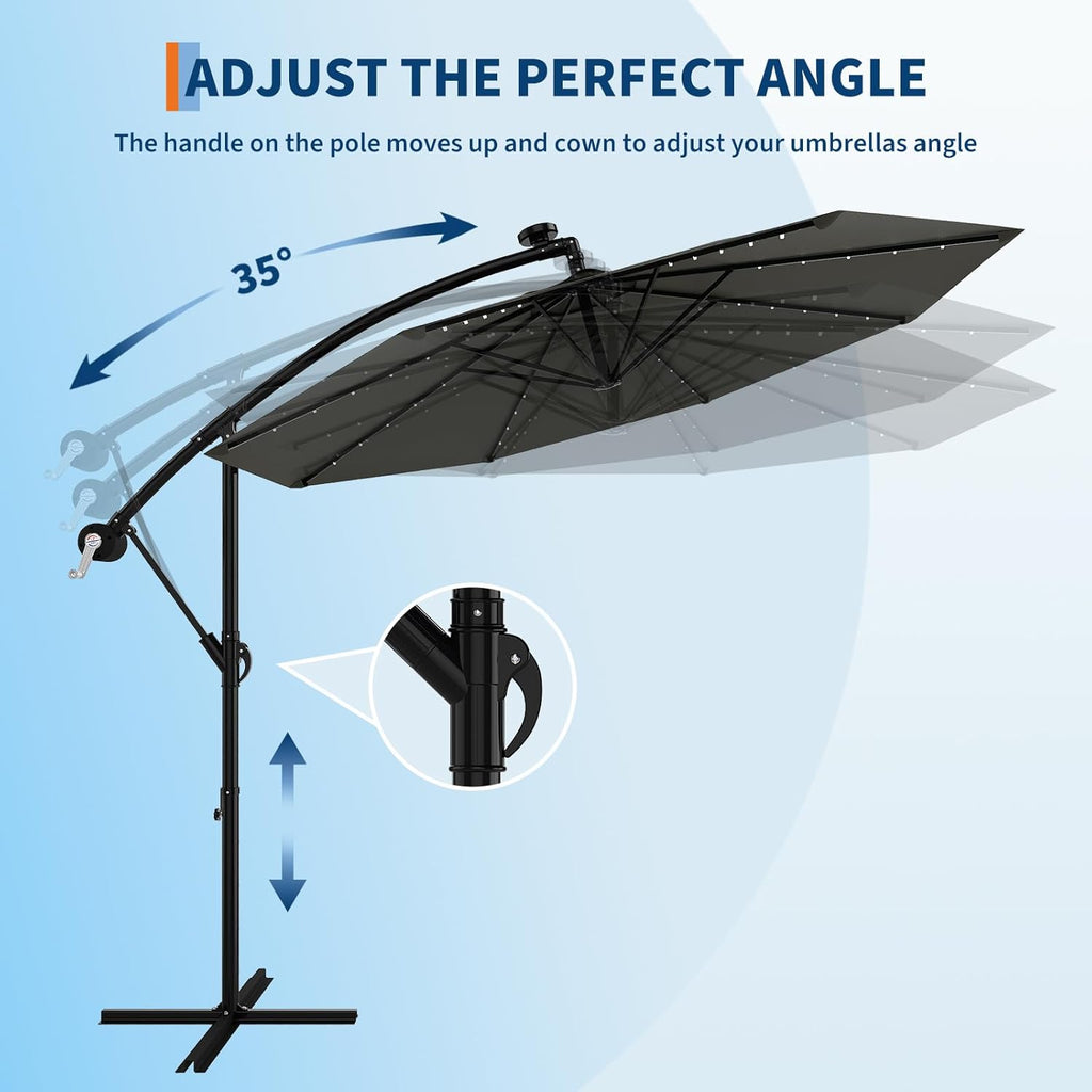 Garvee 10' Solar Lights Offset Patio Umbrella, Cantilever Umbrella with Easy Lift & Tilt Adjustment, 8 Ribs Sun Umbrella UV Protection, Grey