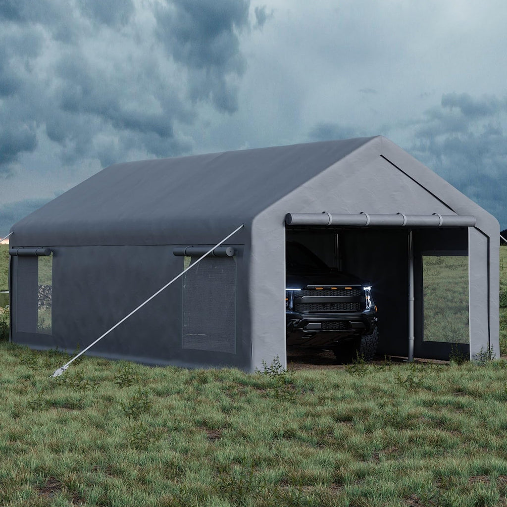 Garvee 13' x 25' Heavy-Duty Portable Carport Garage Shelter, 220G Waterproof PE Canopy with Roll-Up Doors, Removable Sidewalls & Steel Frame for Cars, Trucks, Boats & Outdoor Storage, Grey