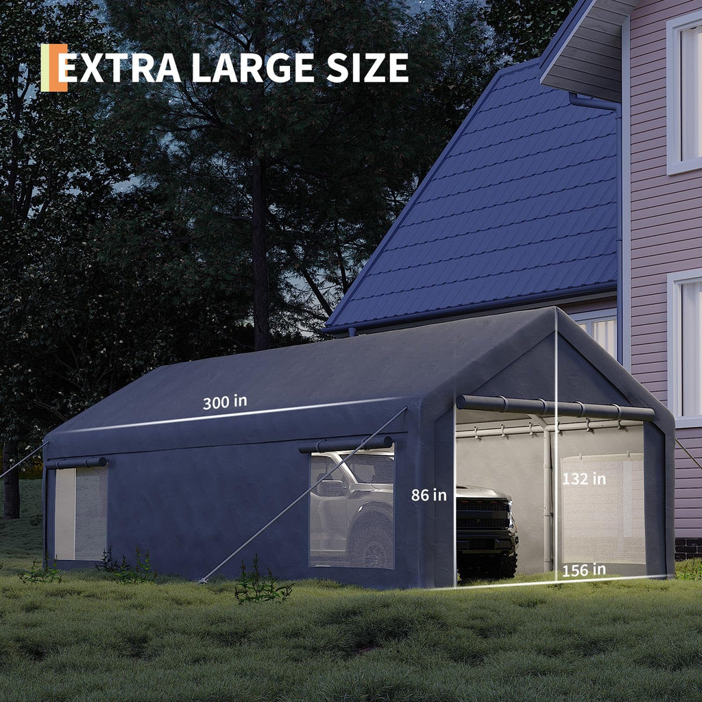 Garvee 13' x 25' Heavy-Duty Portable Carport Garage Shelter, 220G Waterproof PE Canopy with Roll-Up Doors, Removable Sidewalls & Steel Frame for Cars, Trucks, Boats & Outdoor Storage, Grey