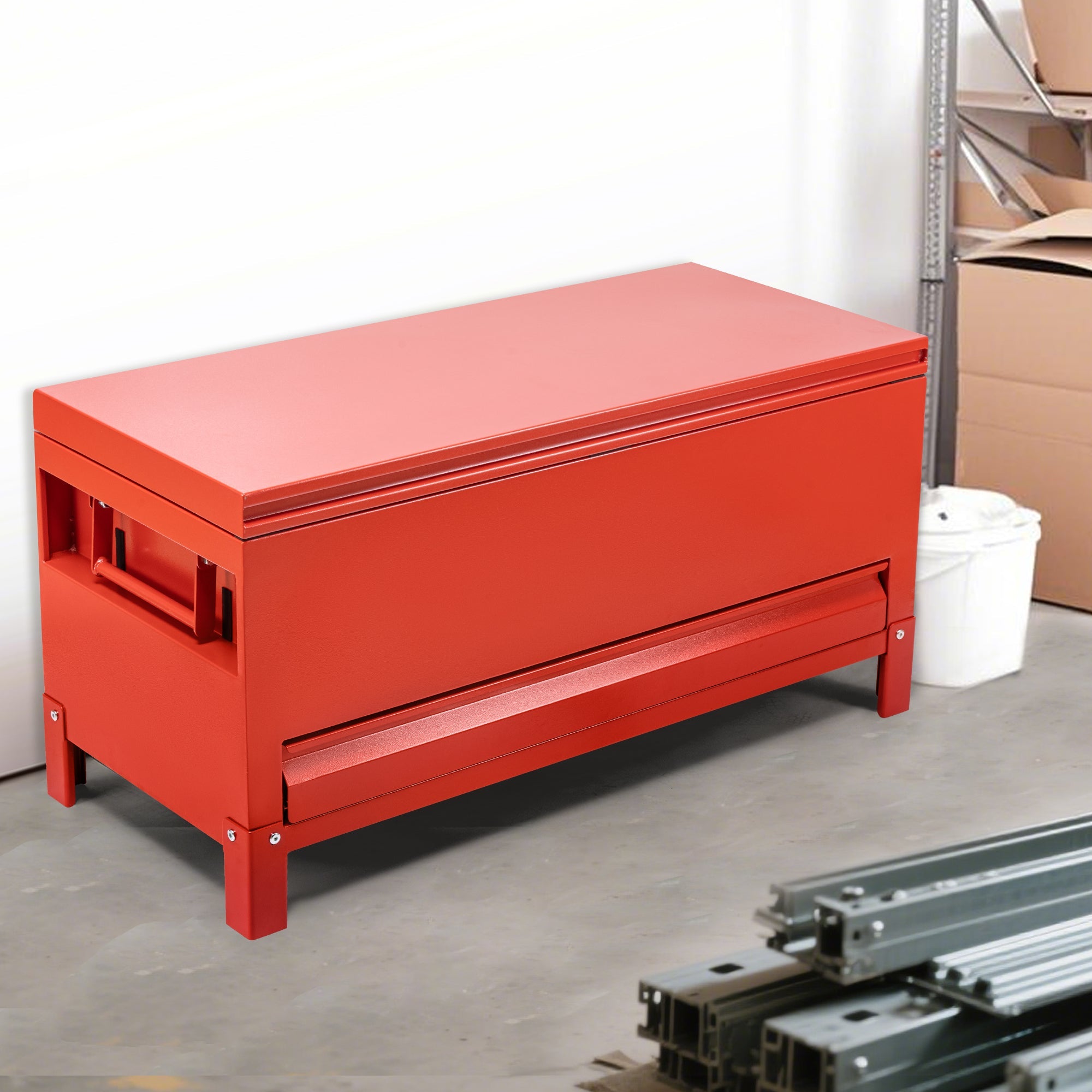 Garvee 48x20 Inch Jobsite Tool Box with Drawer, Jobsite Tool Chest Storage Cabinet Industrial Grade, Aluminum, Burgundy Red