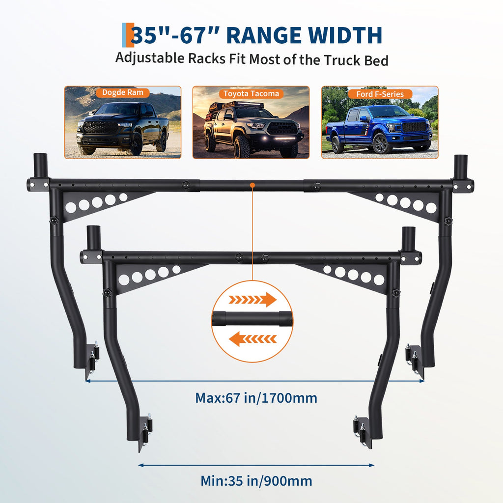 Garvee Universal Extendable Truck Ladder Rack, 35"-67" Adjustable Steel Rack, 1200 Lbs Capacity, No-Drill Heavy-Duty Pickup Rack for Kayaks, Lumber, Ladders, and Rooftop Cargo