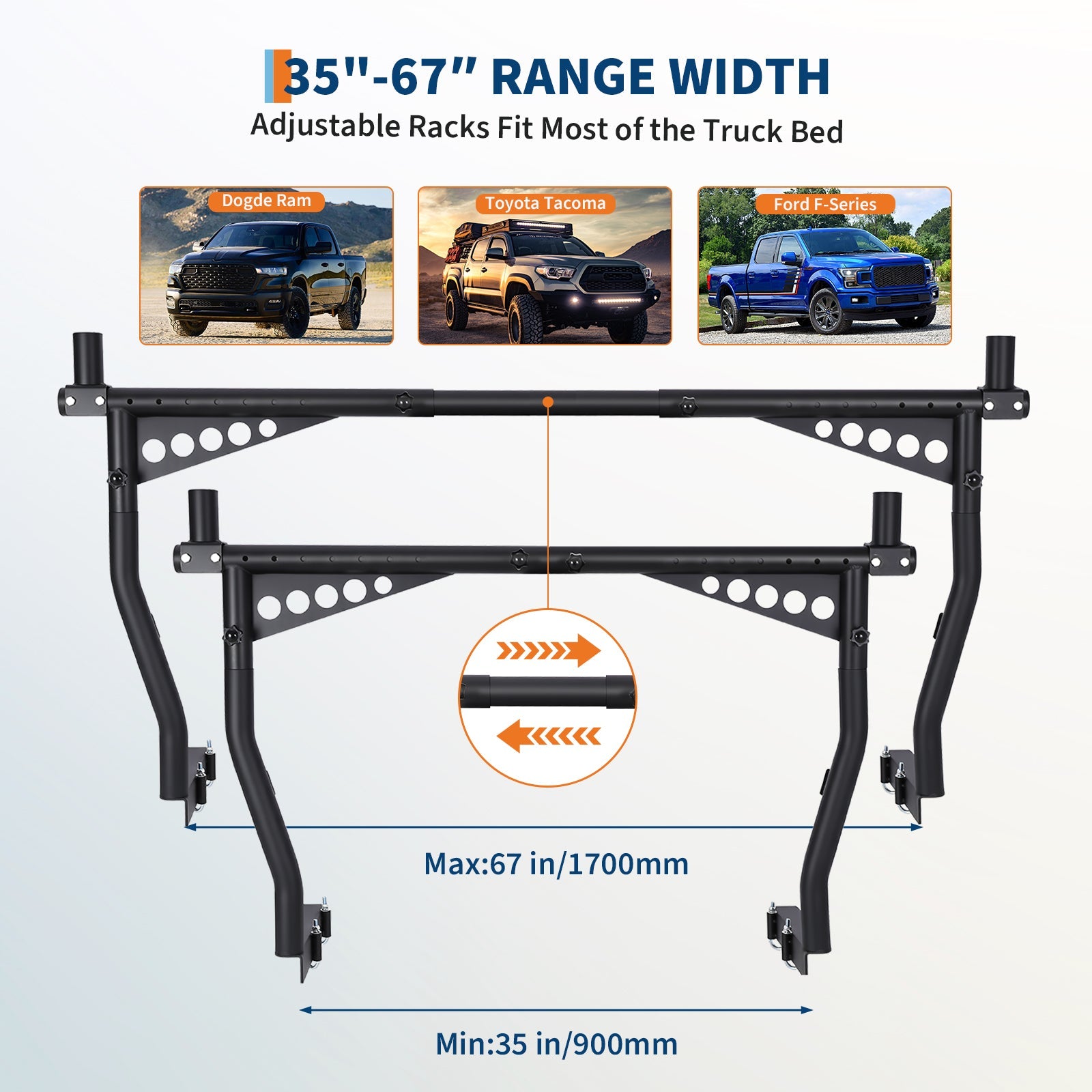 Garvee Universal Extendable Truck Ladder Rack, 35"-67" Adjustable Steel Rack, 1200 Lbs Capacity, No-Drill Heavy-Duty Pickup Rack for Kayaks, Lumber, Ladders, and Rooftop Cargo