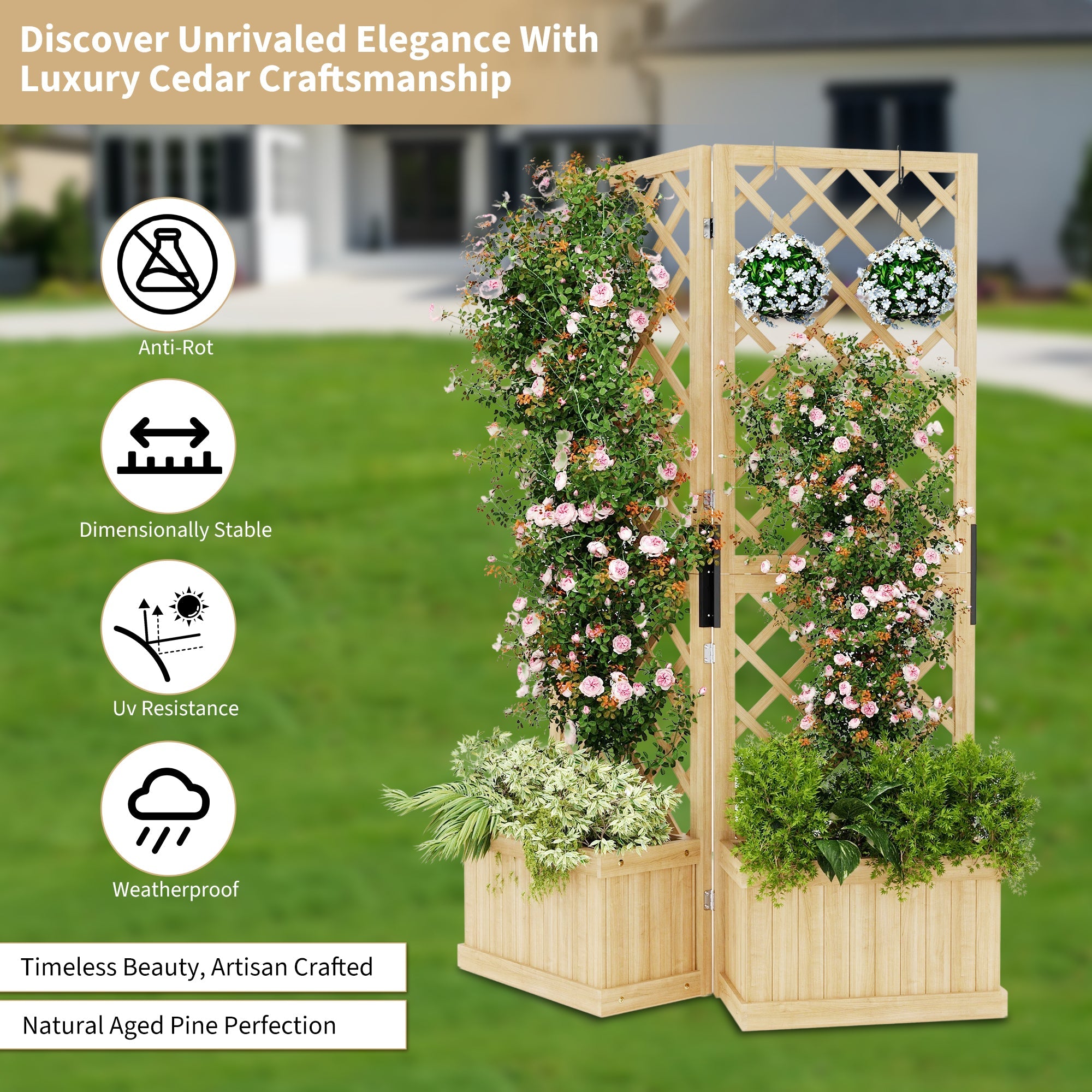 Garvee Cedar Privacy Screen with Planter Box - 41"x10"x65"Garden Fence Panel,2 Hinged Freestanding with Drain Holes, Natural Wood Room Divider for Patio, Deck, Backyard & Balcony,Raised Garden Bed Kit