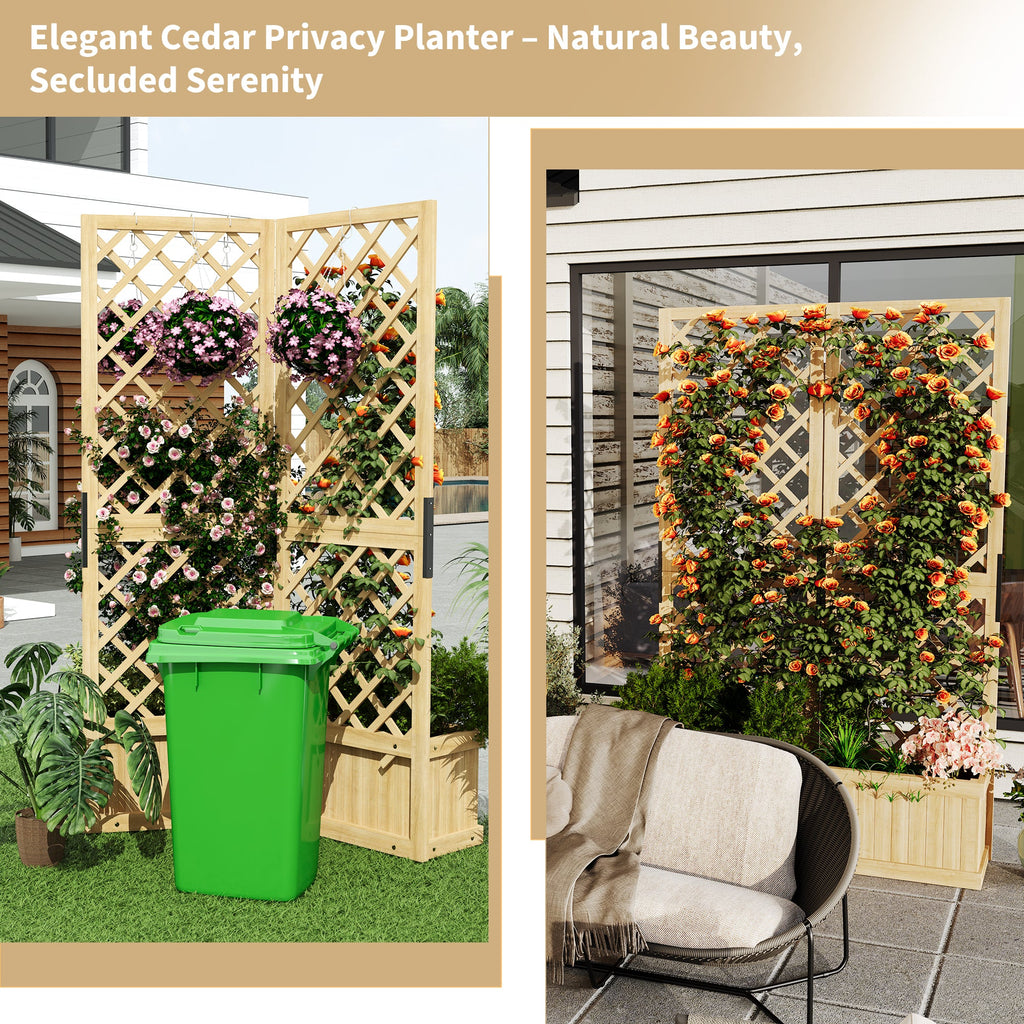 Garvee Cedar Privacy Screen with Planter Box - 41"x10"x65"Garden Fence Panel,2 Hinged Freestanding with Drain Holes, Natural Wood Room Divider for Patio, Deck, Backyard & Balcony,Raised Garden Bed Kit