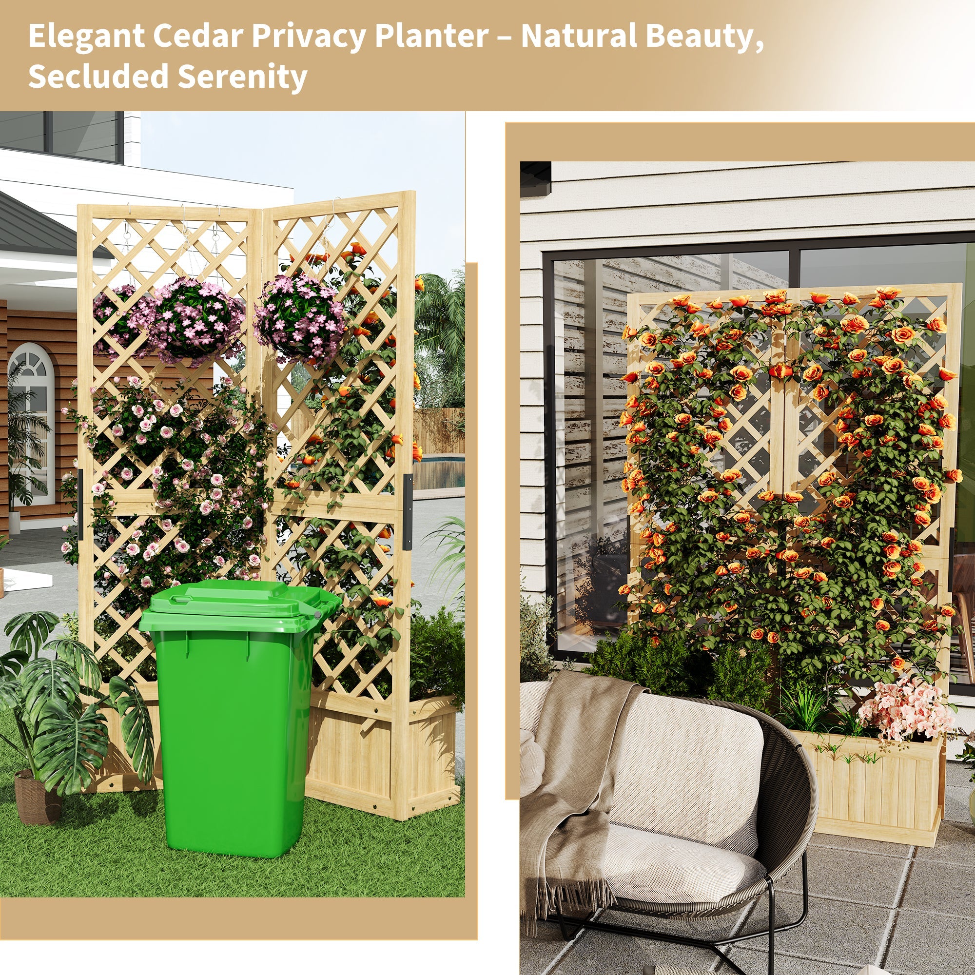Garvee Cedar Privacy Screen with Planter Box - 41"x10"x65"Garden Fence Panel,2 Hinged Freestanding with Drain Holes, Natural Wood Room Divider for Patio, Deck, Backyard & Balcony,Raised Garden Bed Kit