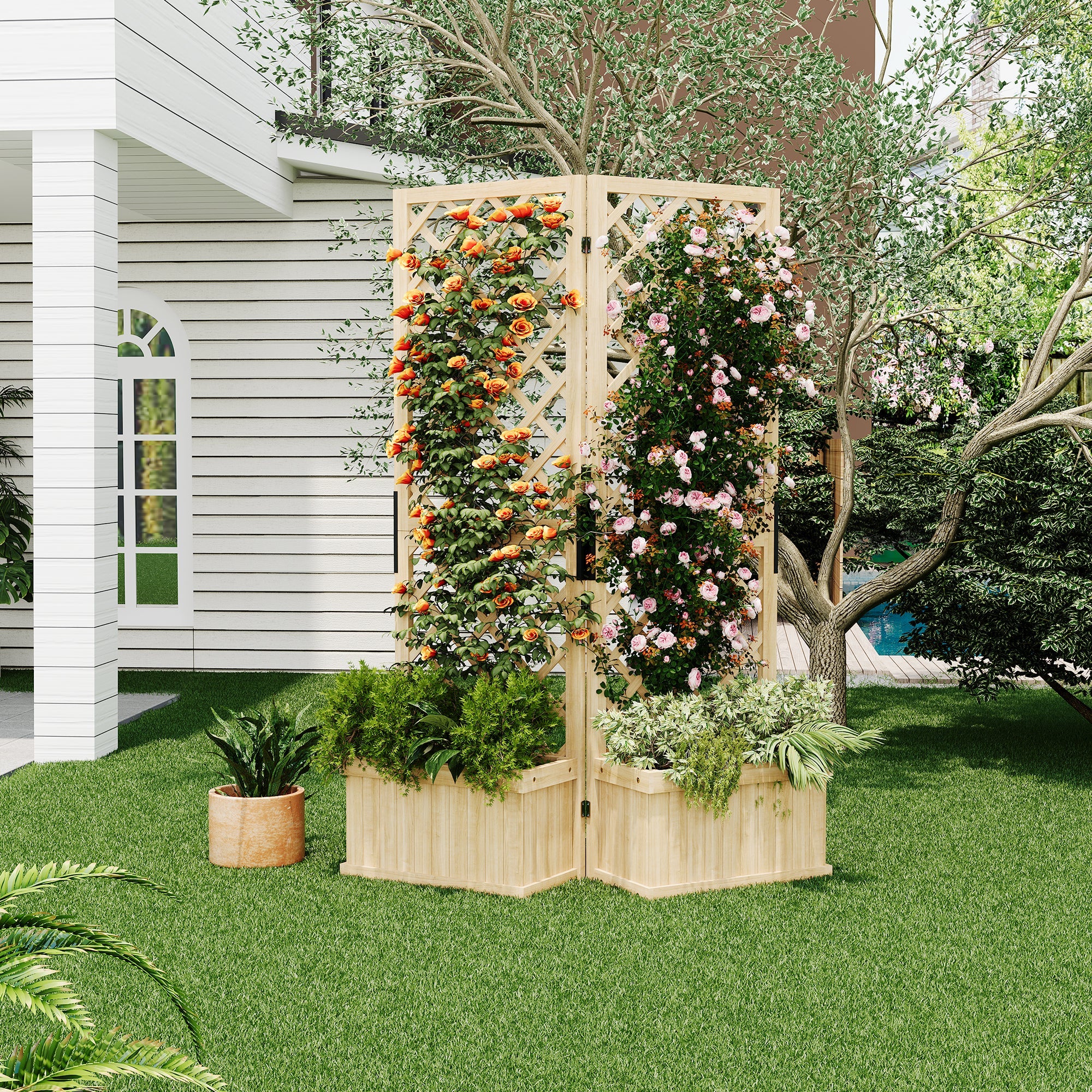 Garvee Cedar Privacy Screen with Planter Box - 41"x10"x65"Garden Fence Panel,2 Hinged Freestanding with Drain Holes, Natural Wood Room Divider for Patio, Deck, Backyard & Balcony,Raised Garden Bed Kit