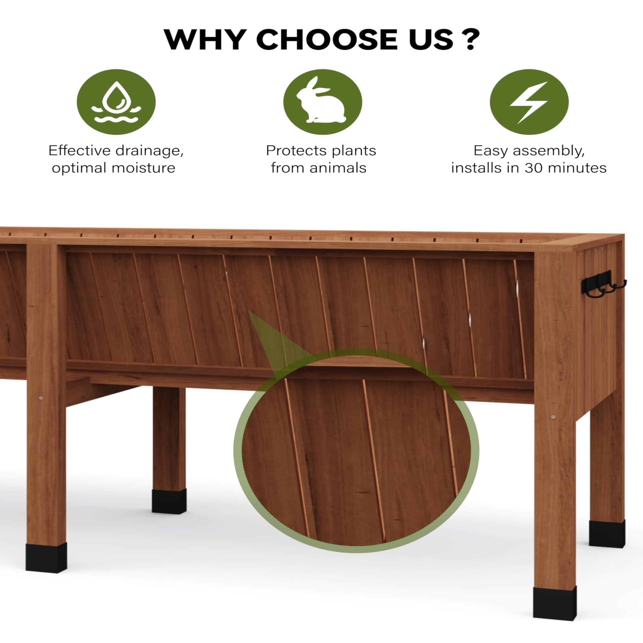 Garvee 72" × 26" × 31" Cedar Raised Garden Bed with Legs, 13.7" Deep Elevated Planter Box with Liner, Drainage Hole & Tool Hooks, Acorn Brown