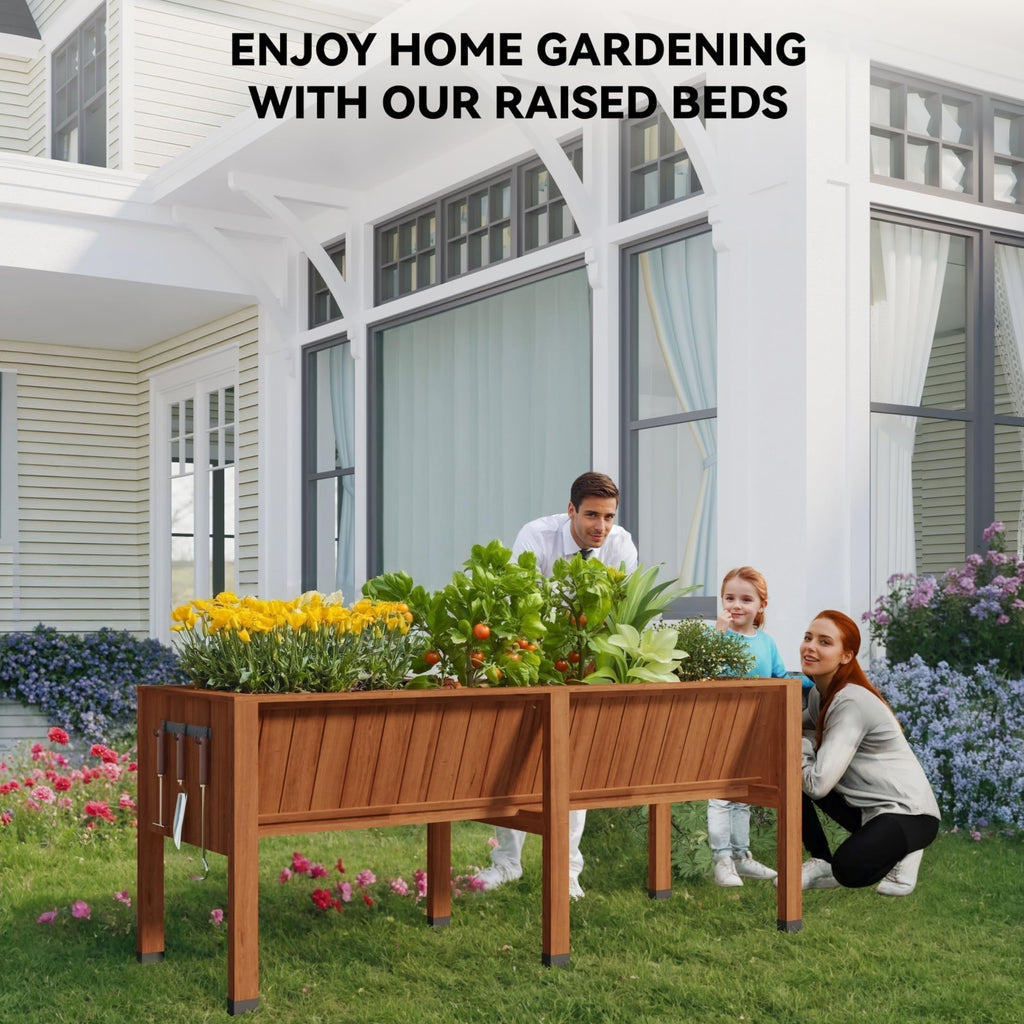 Garvee 72" × 26" × 31" Cedar Raised Garden Bed with Legs, 13.7" Deep Elevated Planter Box with Liner, Drainage Hole & Tool Hooks, Acorn Brown