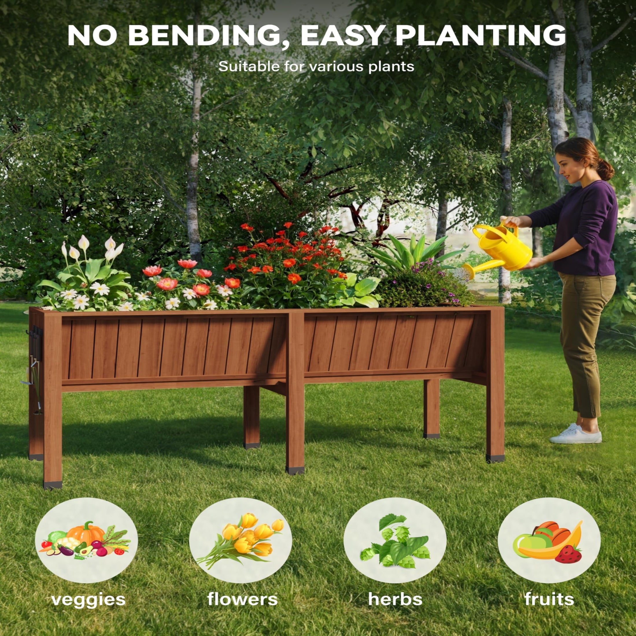 Garvee 72" × 26" × 31" Cedar Raised Garden Bed with Legs, 13.7" Deep Elevated Planter Box with Liner, Drainage Hole & Tool Hooks, Acorn Brown