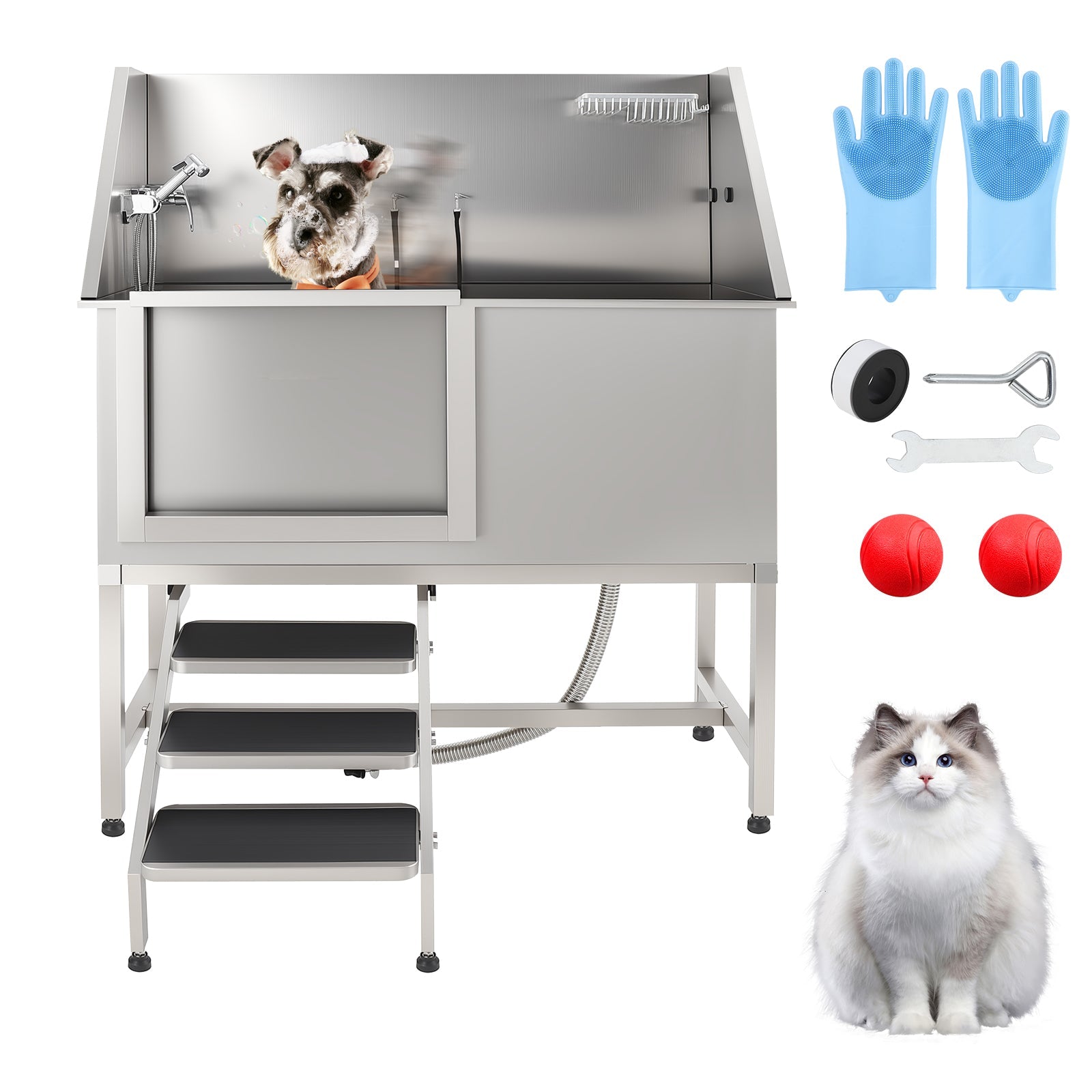 Garvee 60" Professional Stainless Steel Dog Washing Station, Dog Bathtub with Stairs, Non-Slip Grate, Durable & Rust-Resistant, Soap Box & Faucet, Large Medium Small Dogs, Home & Outdoor Grooming
