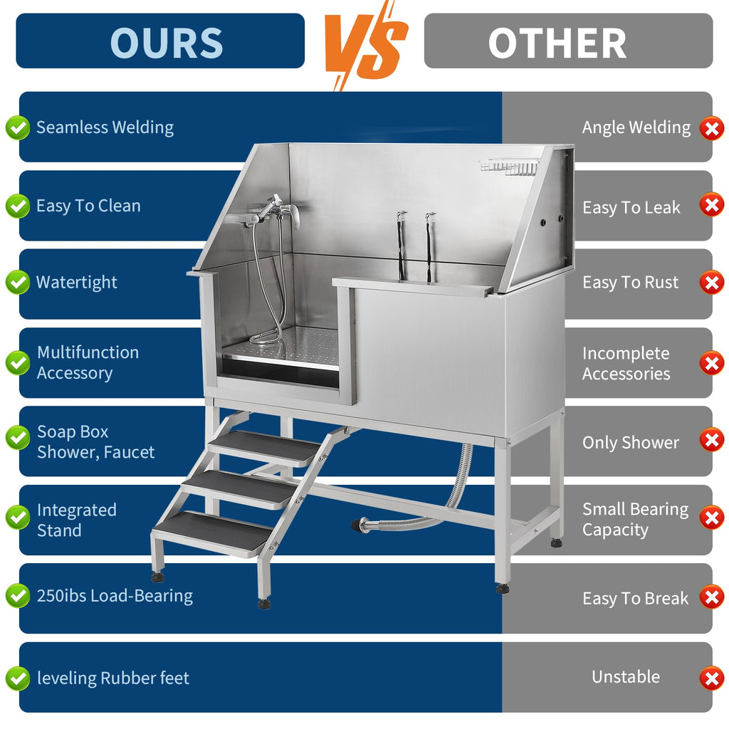 Garvee 60" Professional Stainless Steel Dog Washing Station, Dog Bathtub with Stairs, Non-Slip Grate, Durable & Rust-Resistant, Soap Box & Faucet, Large Medium Small Dogs, Home & Outdoor Grooming