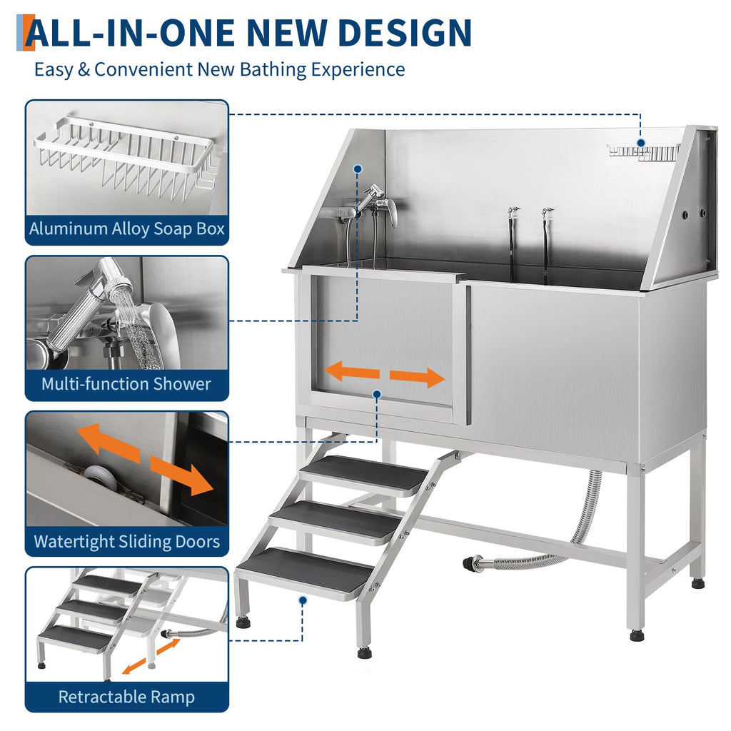 Garvee 60" Professional Stainless Steel Dog Washing Station, Dog Bathtub with Stairs, Non-Slip Grate, Durable & Rust-Resistant, Soap Box & Faucet, Large Medium Small Dogs, Home & Outdoor Grooming
