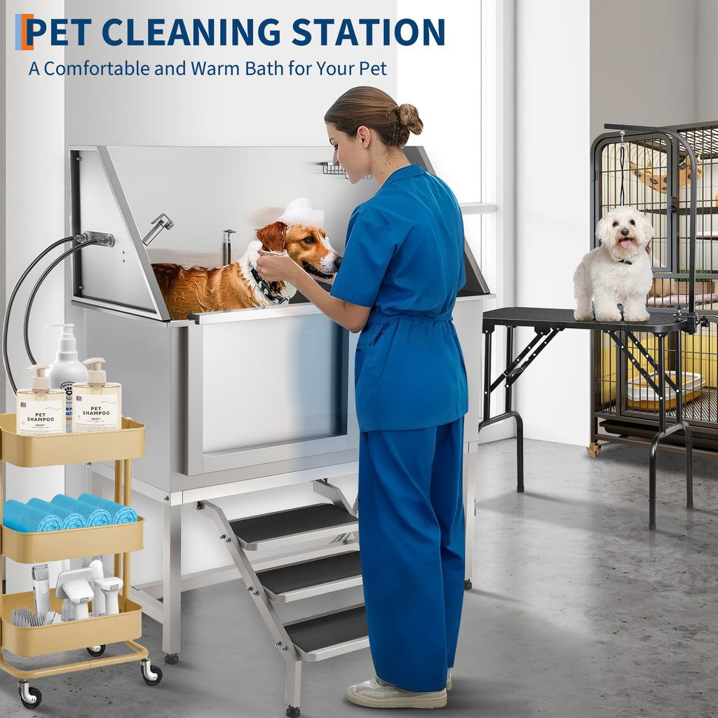 Garvee 60" Professional Stainless Steel Dog Washing Station, Dog Bathtub with Stairs, Non-Slip Grate, Durable & Rust-Resistant, Soap Box & Faucet, Large Medium Small Dogs, Home & Outdoor Grooming
