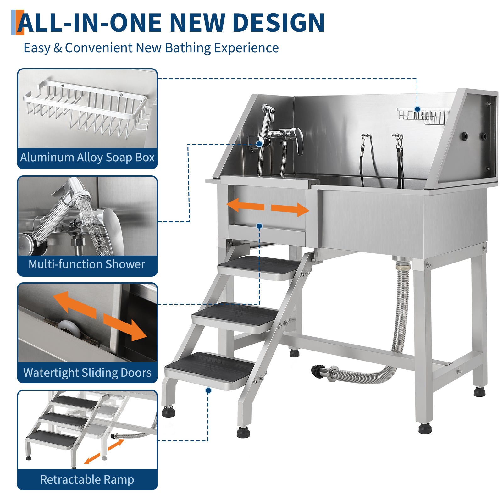 Garvee Professional Dog Grooming Tub with Stairs, 38" Stainless Steel Pet Bathing Station for Medium & Small Dogs, Adjustable Height Washing Sink, Soap Box & Faucet, Home/Pet Store Dog Wash Tub