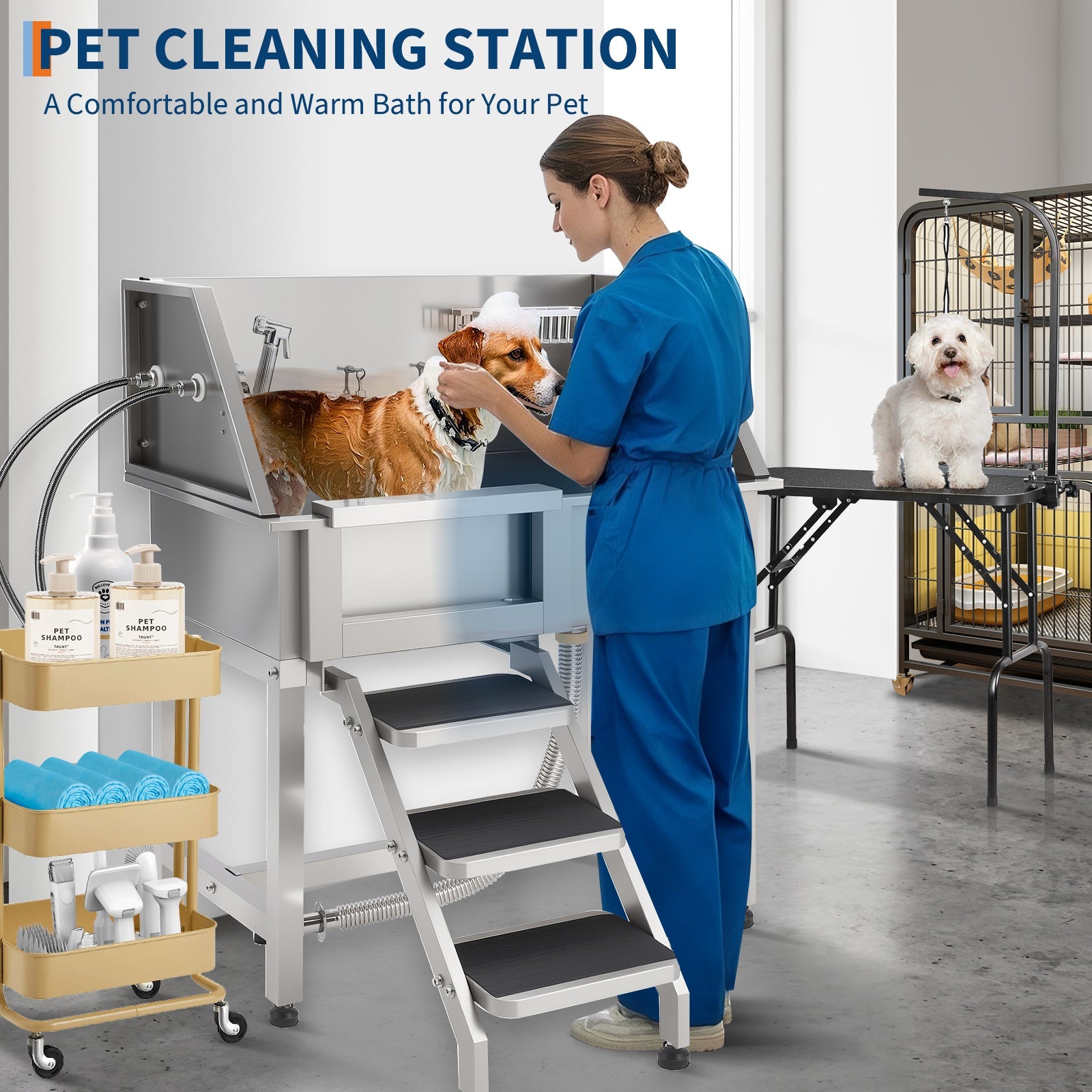 Garvee Professional Dog Grooming Tub with Stairs, 38" Stainless Steel Pet Bathing Station for Medium & Small Dogs, Adjustable Height Washing Sink, Soap Box & Faucet, Home/Pet Store Dog Wash Tub