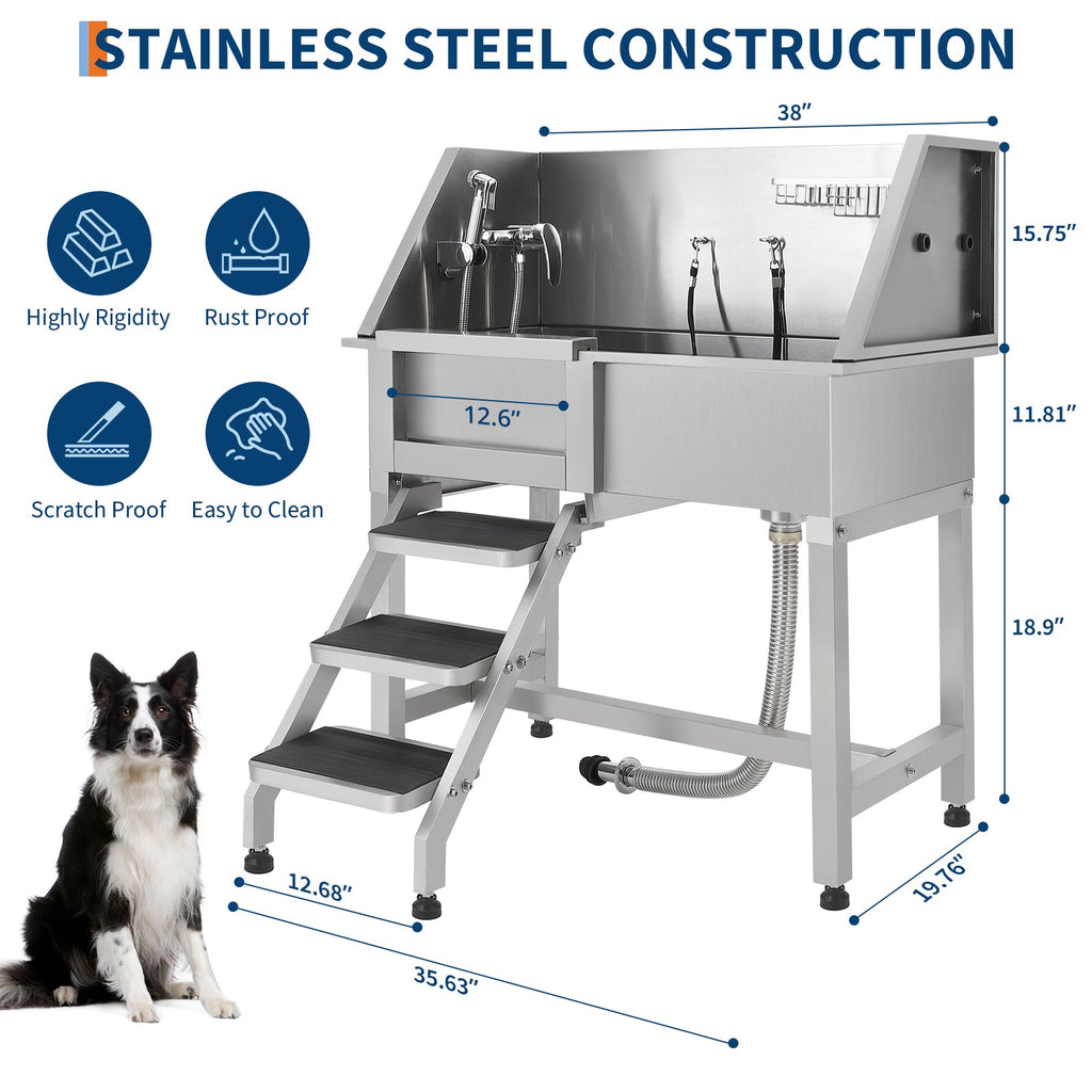 Garvee Professional Dog Grooming Tub with Stairs, 38" Stainless Steel Pet Bathing Station for Medium & Small Dogs, Adjustable Height Washing Sink, Soap Box & Faucet, Home/Pet Store Dog Wash Tub