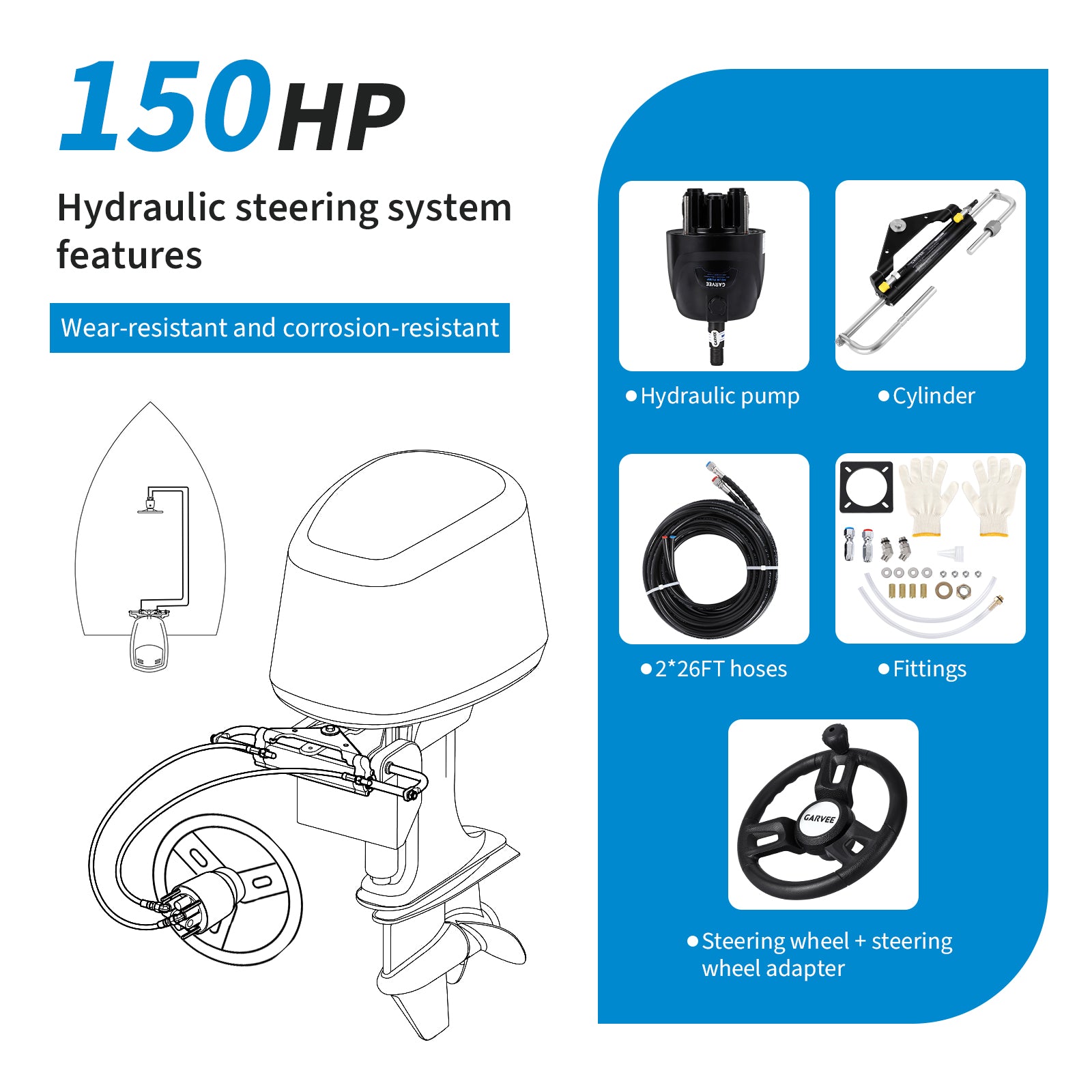 Garvee 150HP Hydraulic Steering Kit for Small-Medium Boats - Precise Control & High Pressure - Corrosion-Resistant Aluminum - Leak-Proof Hoses & Compact Cylinder - Outboard Compatible - Marine Use