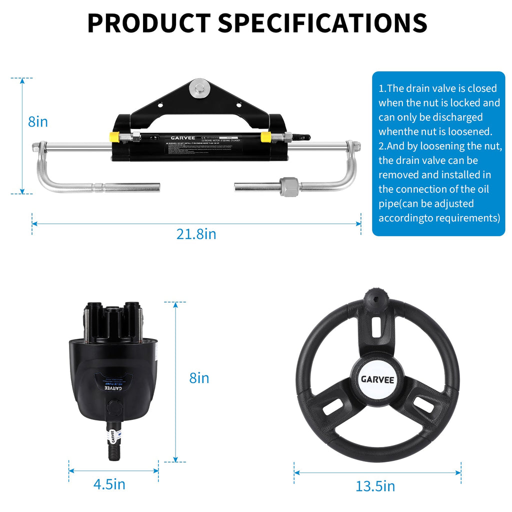 Garvee 150HP Hydraulic Steering Kit for Small-Medium Boats - Precise Control & High Pressure - Corrosion-Resistant Aluminum - Leak-Proof Hoses & Compact Cylinder - Outboard Compatible - Marine Use