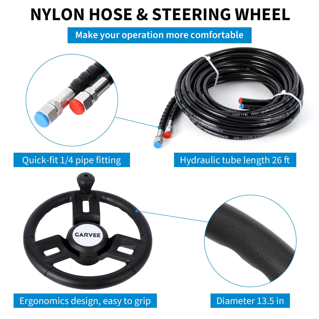 Garvee 150HP Hydraulic Steering Kit for Small-Medium Boats - Precise Control & High Pressure - Corrosion-Resistant Aluminum - Leak-Proof Hoses & Compact Cylinder - Outboard Compatible - Marine Use
