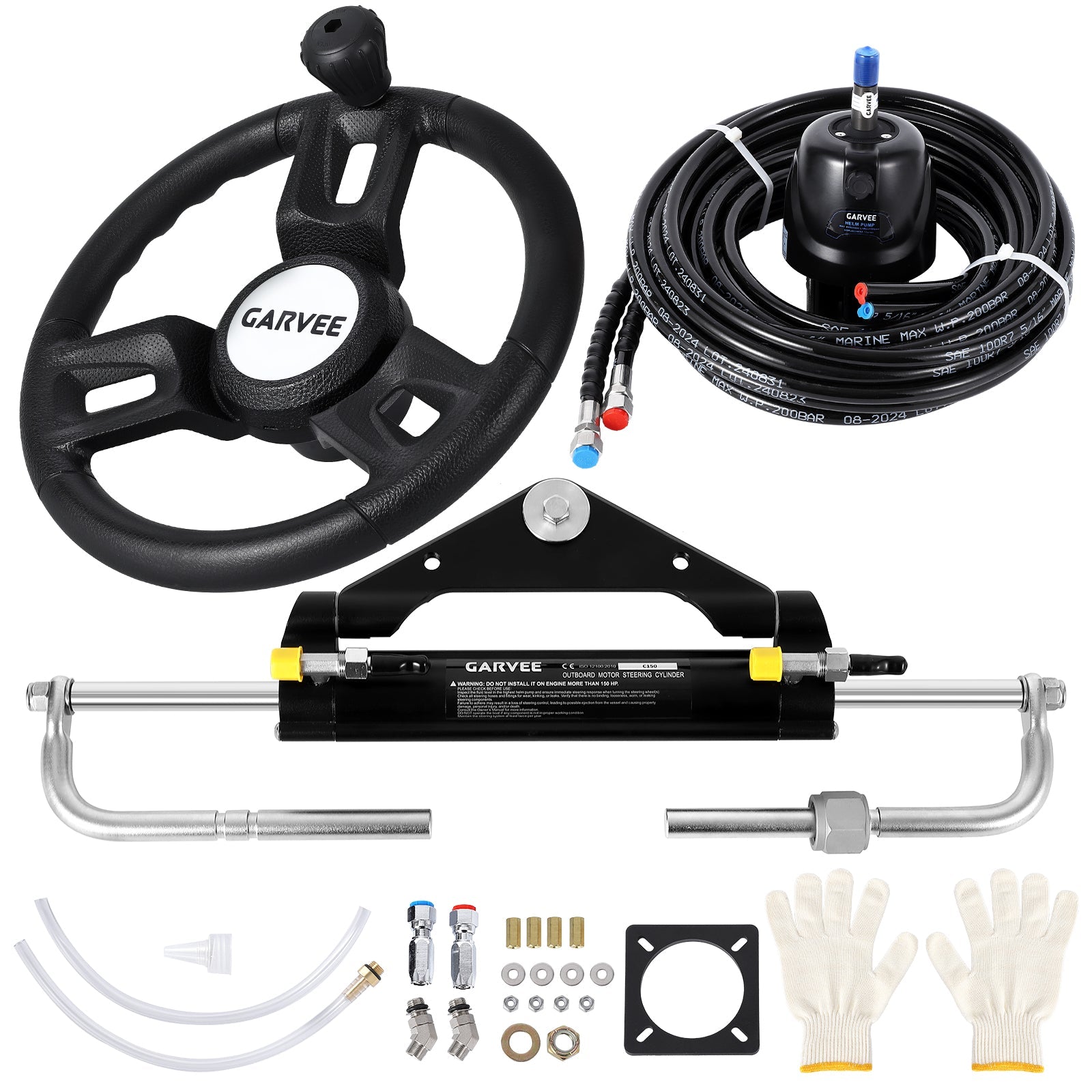 Garvee 150HP Hydraulic Steering Kit for Small-Medium Boats - Precise Control & High Pressure - Corrosion-Resistant Aluminum - Leak-Proof Hoses & Compact Cylinder - Outboard Compatible - Marine Use