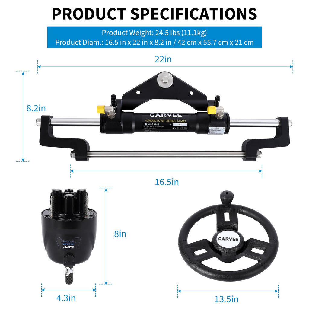 Garvee 300HP Hydraulic Steering Kit for Small-Medium Boats - Precise Control & High Pressure - Corrosion-Resistant Aluminum - Leak-Proof Hoses & Compact Cylinder - Fits Most Outboard Motors - Marine Navigation