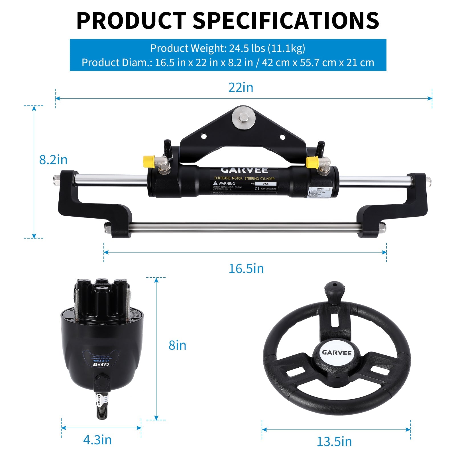 Garvee 300HP Hydraulic Steering Kit for Small-Medium Boats - Precise Control & High Pressure - Corrosion-Resistant Aluminum - Leak-Proof Hoses & Compact Cylinder - Fits Most Outboard Motors - Marine Navigation