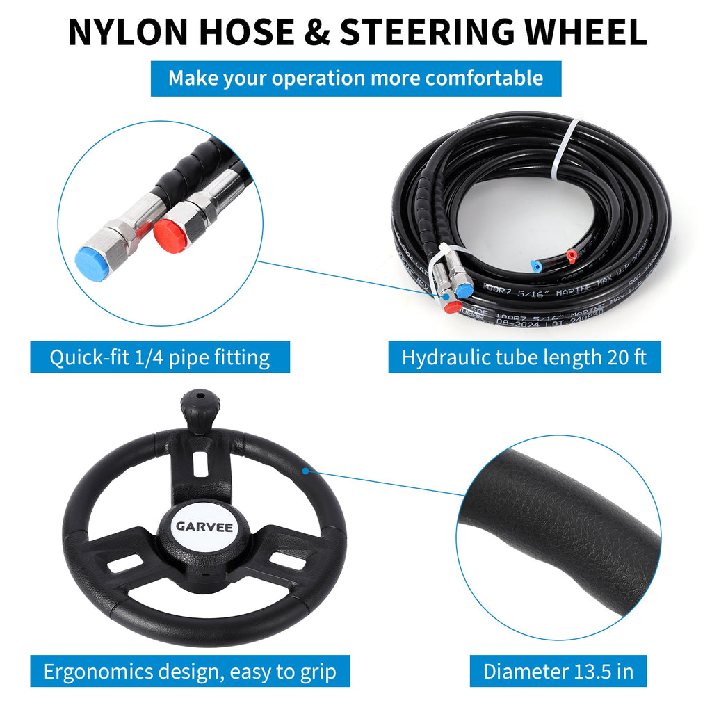 Garvee 300HP Hydraulic Steering Kit for Small-Medium Boats - Precise Control & High Pressure - Corrosion-Resistant Aluminum - Leak-Proof Hoses & Compact Cylinder - Fits Most Outboard Motors - Marine Navigation
