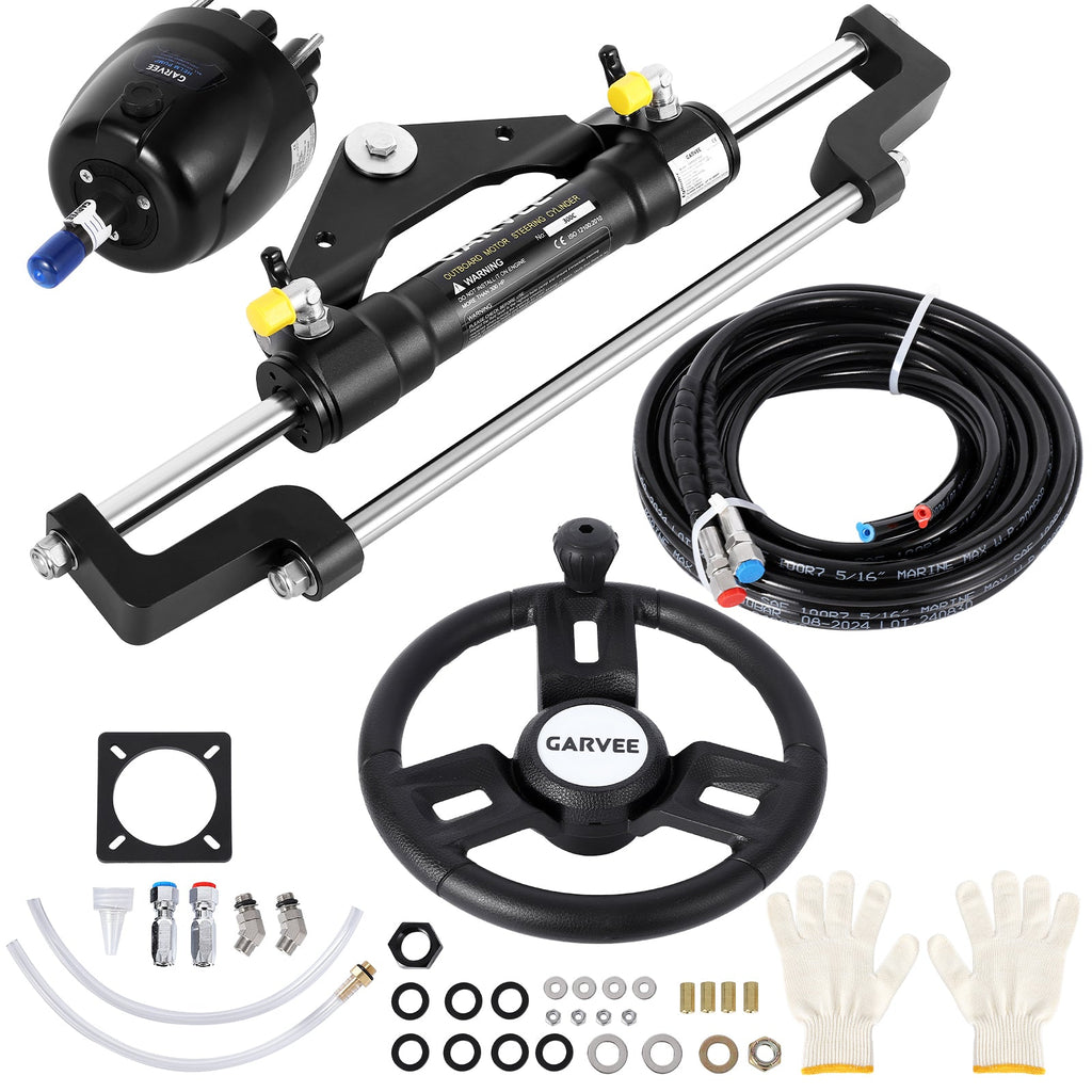 Garvee 300HP Hydraulic Steering Kit for Small-Medium Boats - Precise Control & High Pressure - Corrosion-Resistant Aluminum - Leak-Proof Hoses & Compact Cylinder - Fits Most Outboard Motors - Marine Navigation
