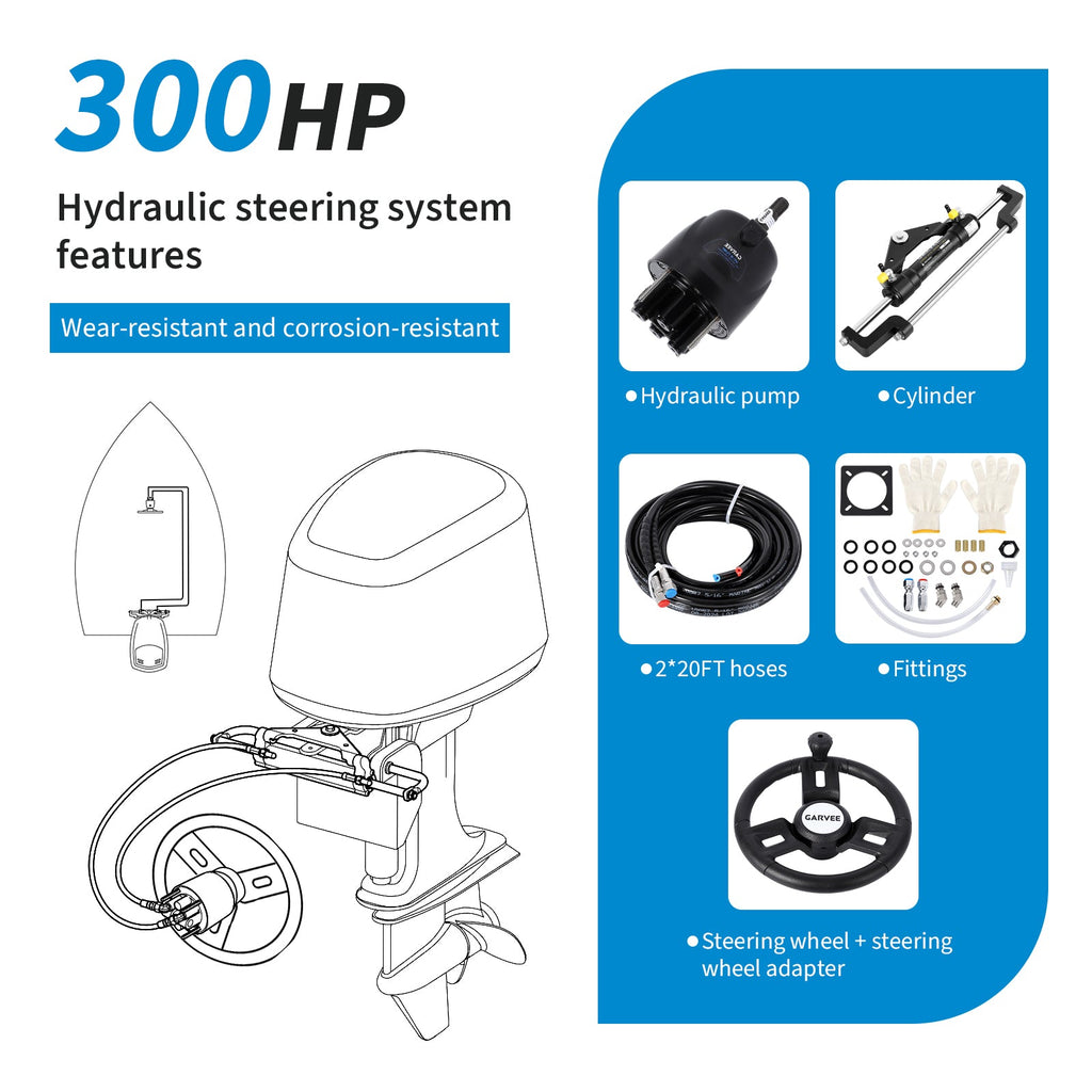 Garvee 300HP Hydraulic Steering Kit for Small-Medium Boats - Precise Control & High Pressure - Corrosion-Resistant Aluminum - Leak-Proof Hoses & Compact Cylinder - Fits Most Outboard Motors - Marine Navigation