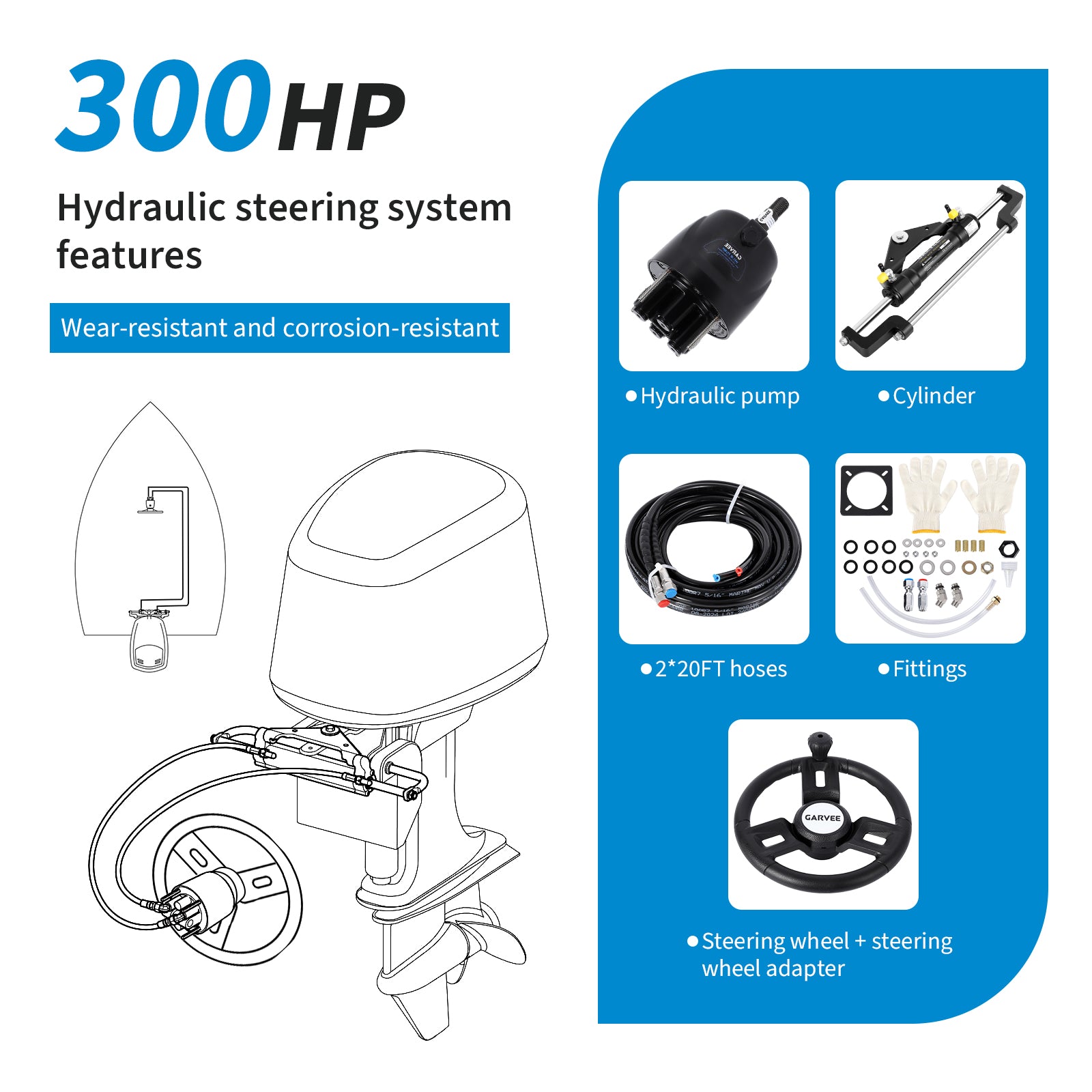 Garvee 300HP Hydraulic Steering Kit for Small-Medium Boats - Precise Control & High Pressure - Corrosion-Resistant Aluminum - Leak-Proof Hoses & Compact Cylinder - Fits Most Outboard Motors - Marine Navigation
