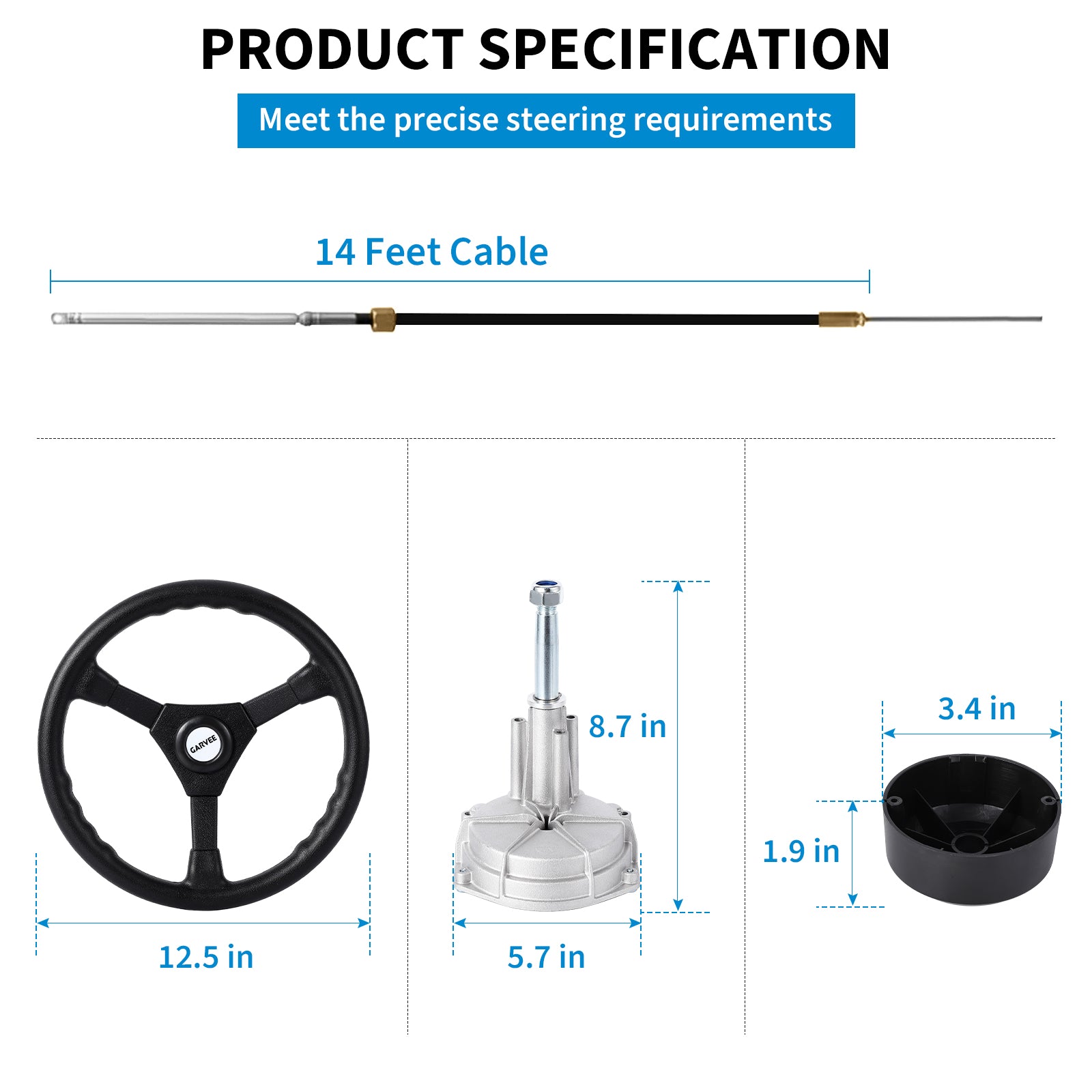 Garvee Boat Steering System with 14ft Cable & 13.5" Wheel, Cast Steel & 304 Stainless, Low-Effort Precise Control, 3/4" Shaft, Quick Install for Yachts & Fishing Boats