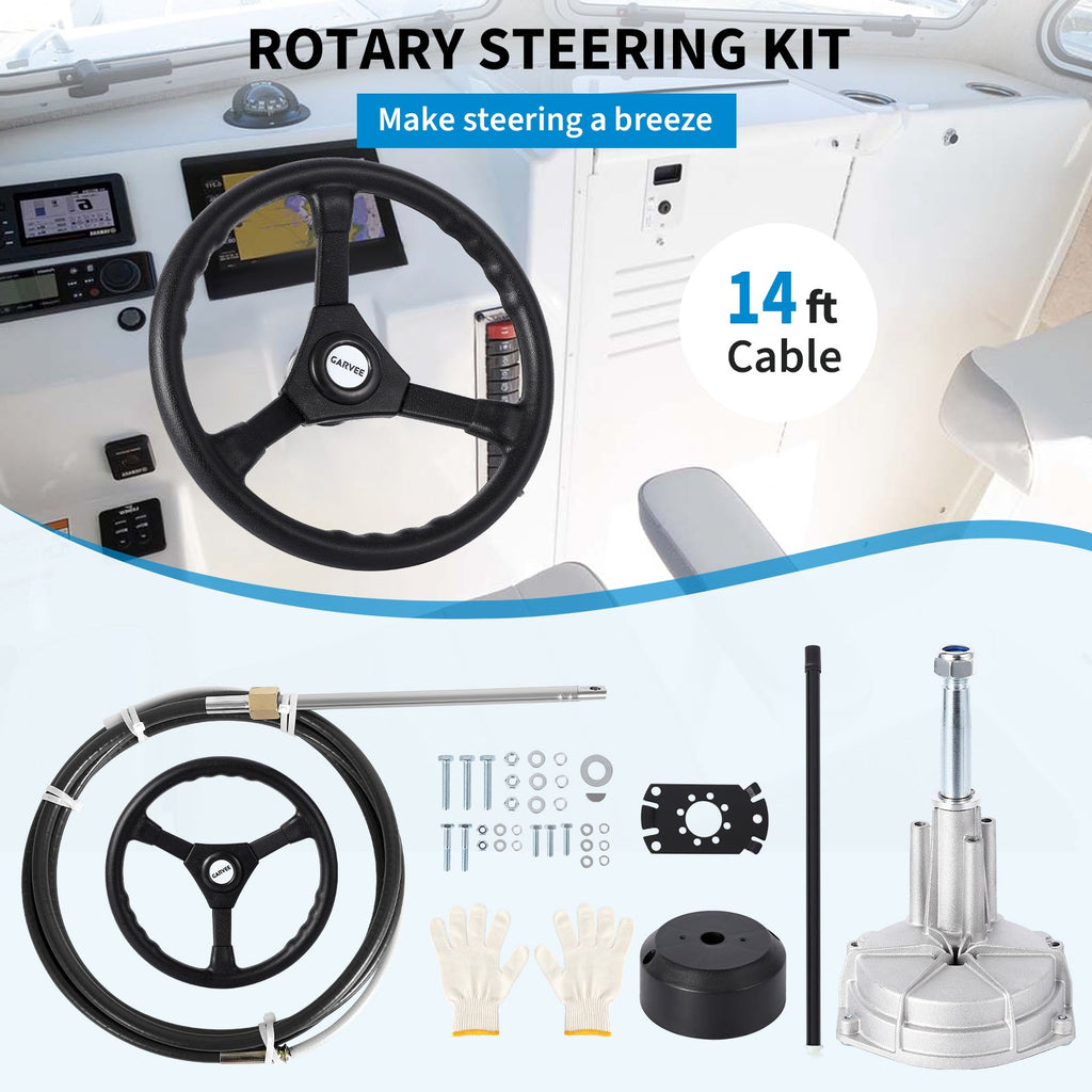 Garvee Boat Steering System with 14ft Cable & 13.5" Wheel, Cast Steel & 304 Stainless, Low-Effort Precise Control, 3/4" Shaft, Quick Install for Yachts & Fishing Boats