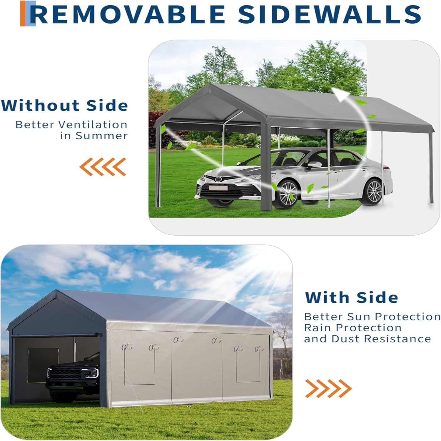 Garvee 10x20ft Portable Garage Carport Heavy Duty Steel Frame Removable Sidewalls Roll-Up Windows 180G PE Tarp Yellow Outdoor Shelter