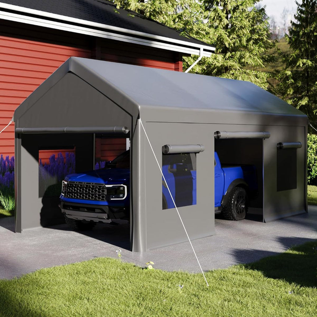 Garvee 10x20ft Portable Garage Carport Heavy Duty Steel Frame Removable Sidewalls Roll-Up Windows 180G PE Tarp Yellow Outdoor Shelter