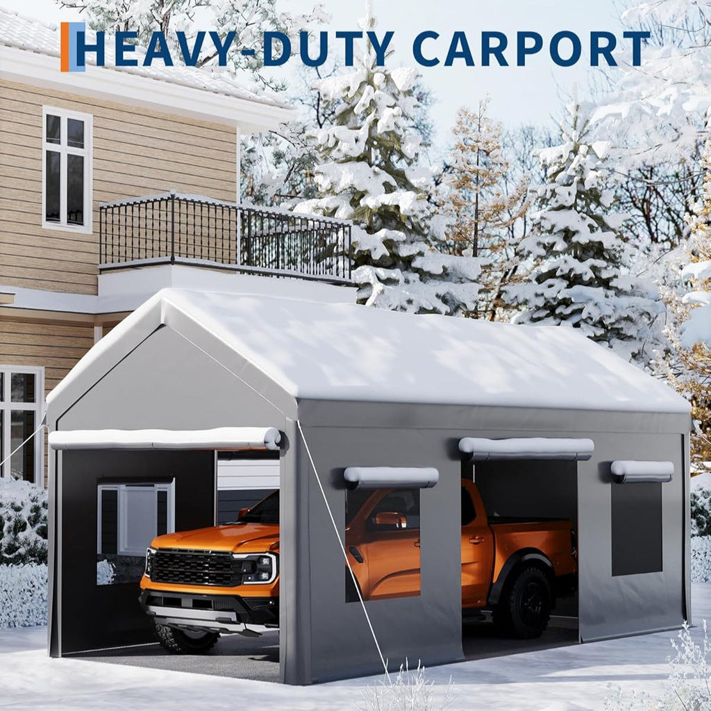 Garvee 10x20ft Portable Garage Carport Heavy Duty Steel Frame Removable Sidewalls Roll-Up Windows 180G PE Tarp Yellow Outdoor Shelter