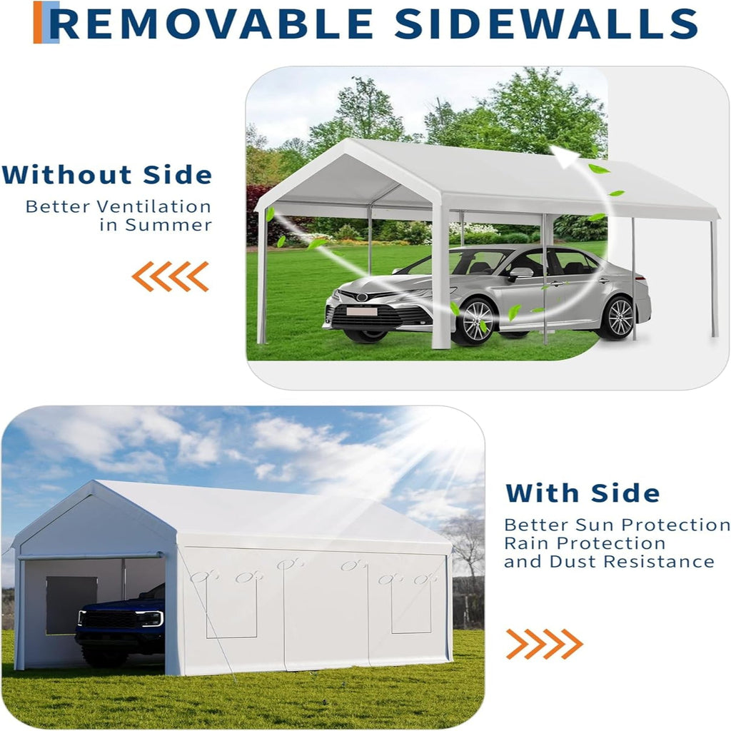 Garvee 10x20ft Portable Garage Carport Heavy Duty Steel Frame Removable Sidewalls Roll-Up Windows 180G PE Tarp Yellow Outdoor Shelter