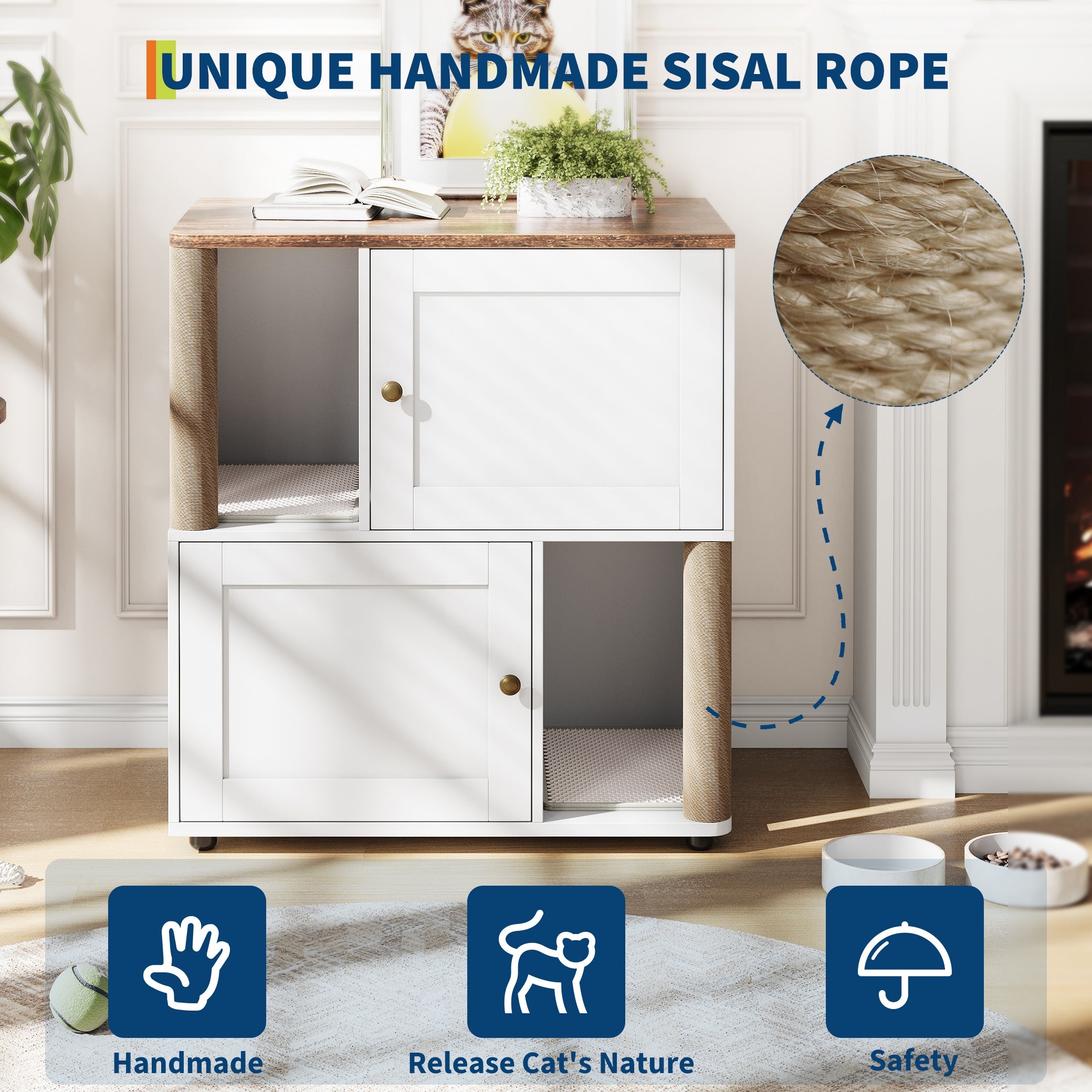 Garvee Double Cat Litter Box Enclosure for 2 Cats – 2-Tier Wooden Cabinet with Marking Post, Litter Mat, Enclosed Litter Box Furniture, Hidden Pet Storage – Basic White Model